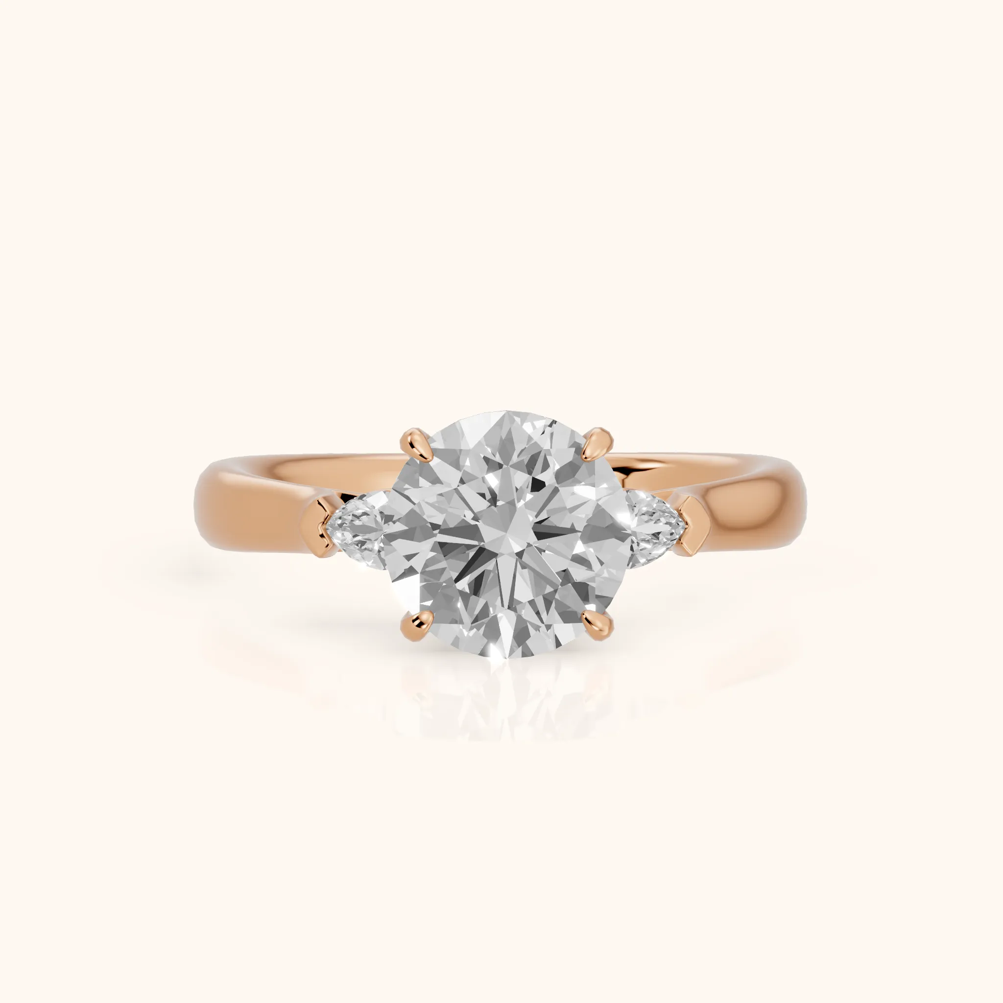 Dahlia Three-Stone Cathedral Round Diamond Engagement Ring in Rose Gold — view 1