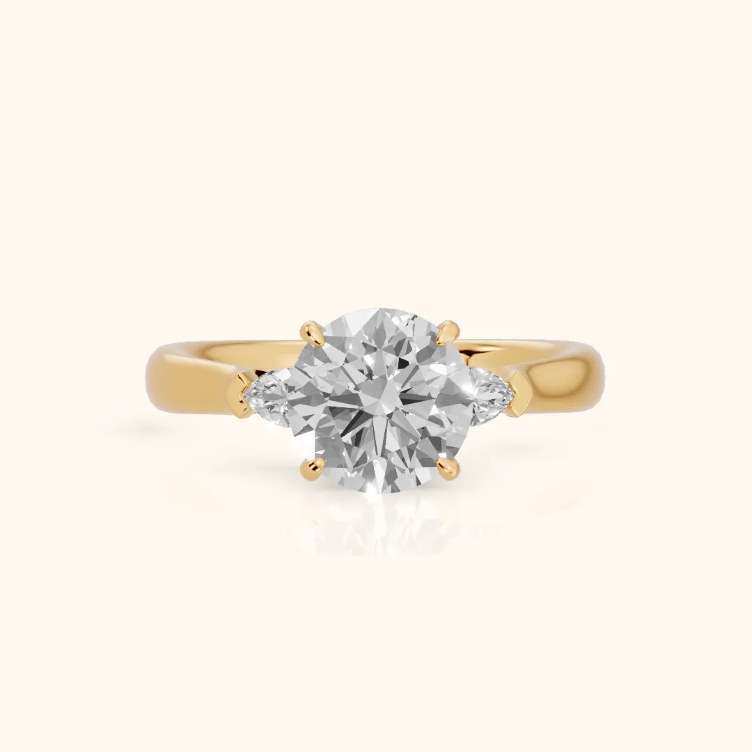 Dahlia Three-Stone Cathedral Round Diamond Engagement Ring in Yellow Gold — view 2