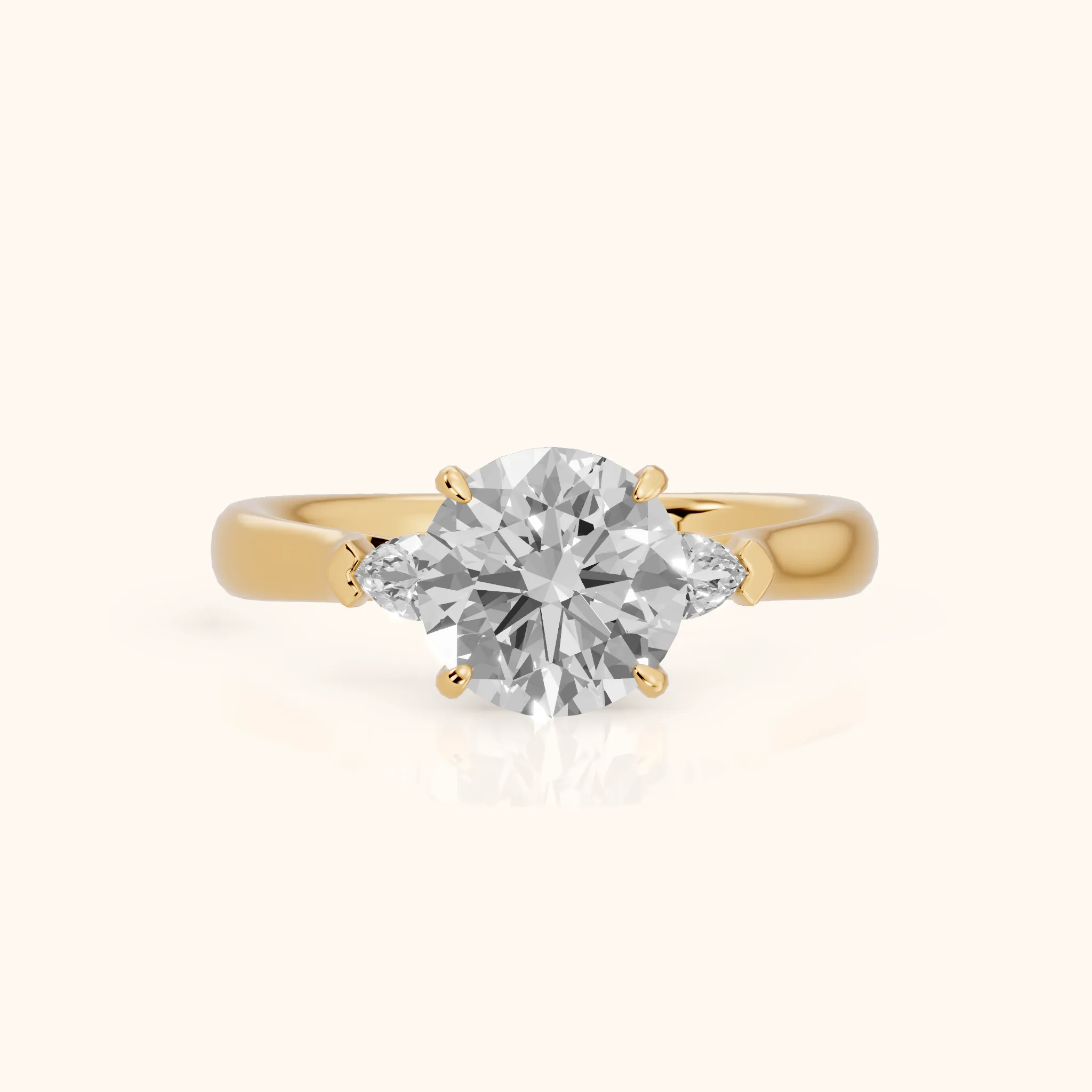 Dahlia Three-Stone Cathedral Round Diamond Engagement Ring in Yellow Gold — view 1