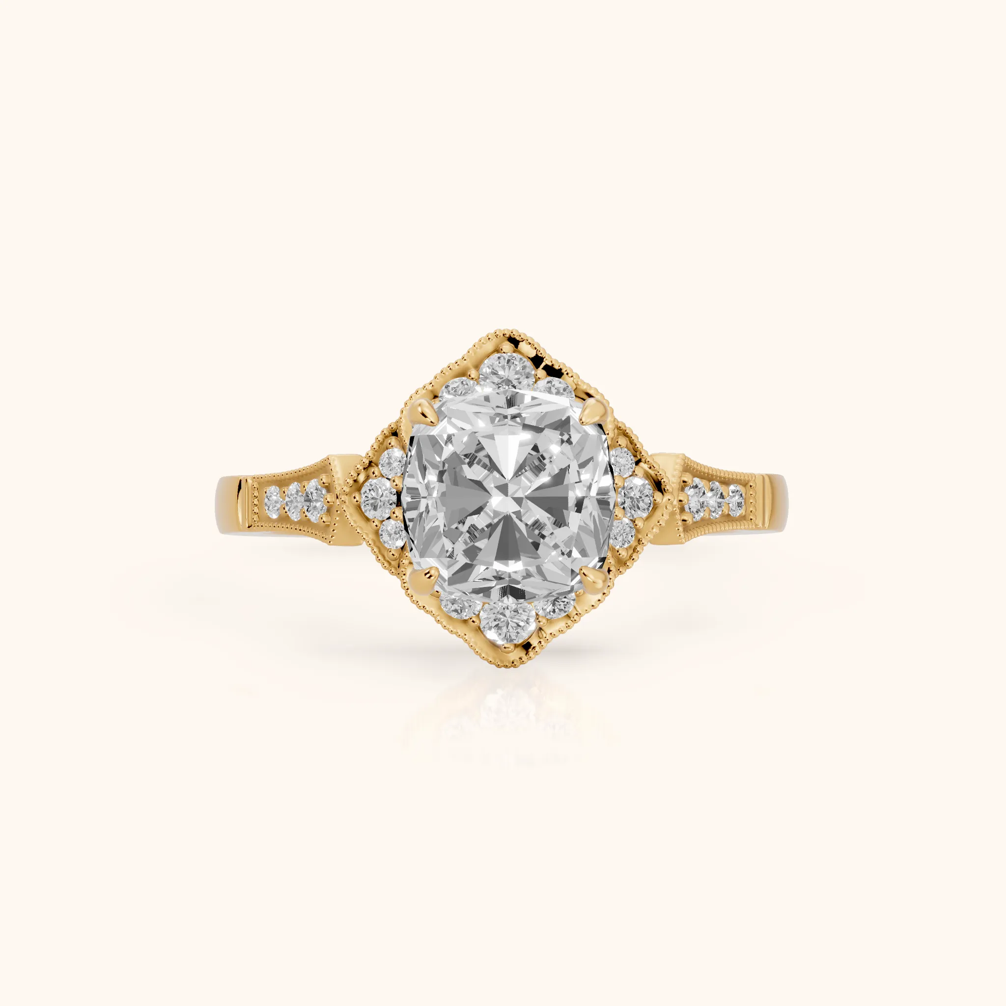 Esther Milgrain Halo Cushion Diamond Engagement Ring in Yellow Gold — view 1