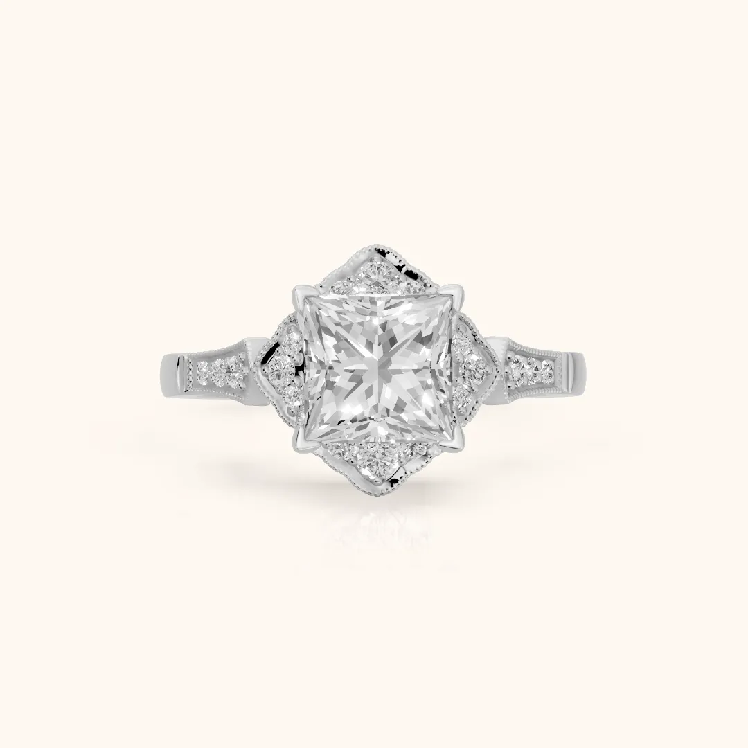 Esther Milgrain Halo Princess Diamond Engagement Ring in White Gold — view 2