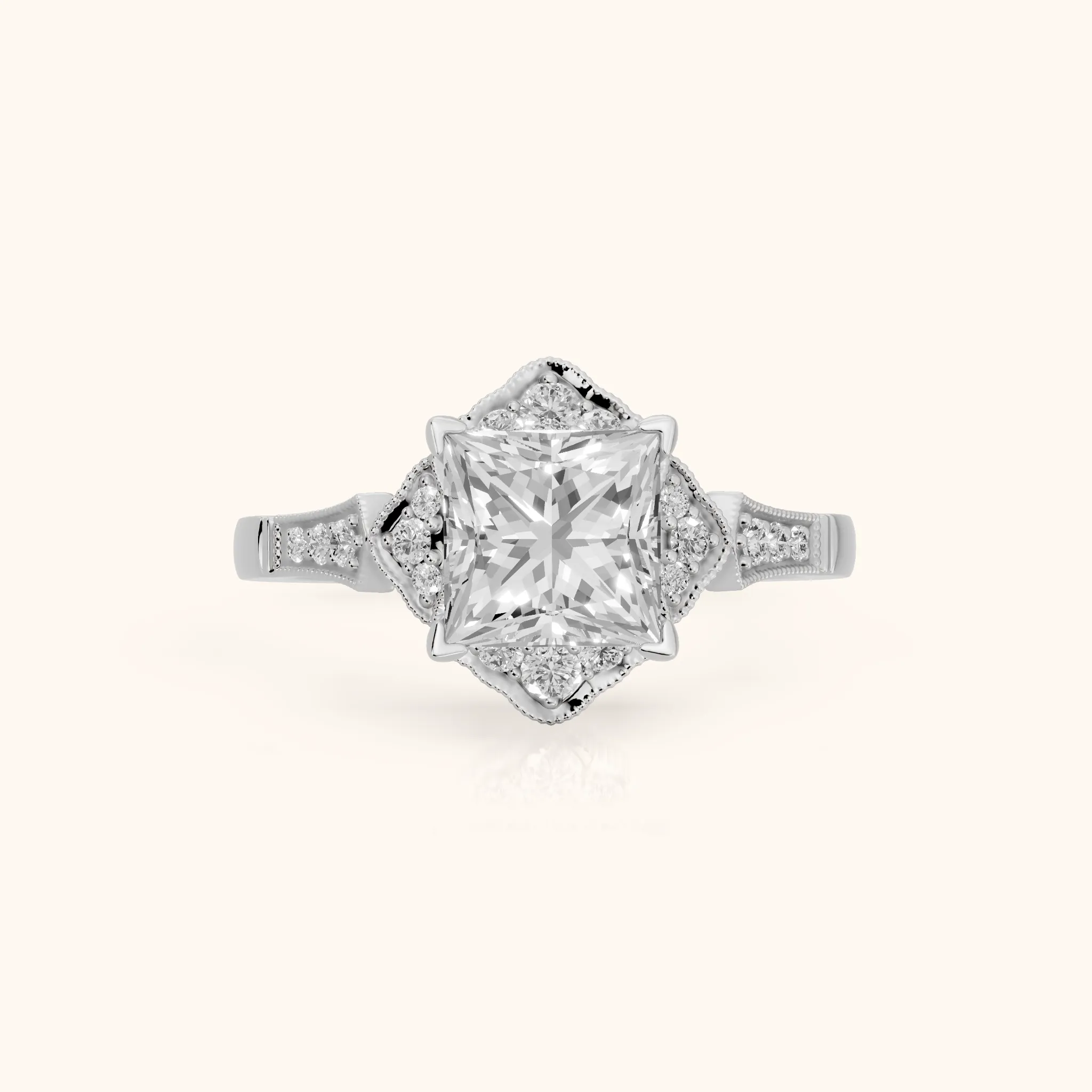 Esther Milgrain Halo Princess Diamond Engagement Ring in White Gold — view 1