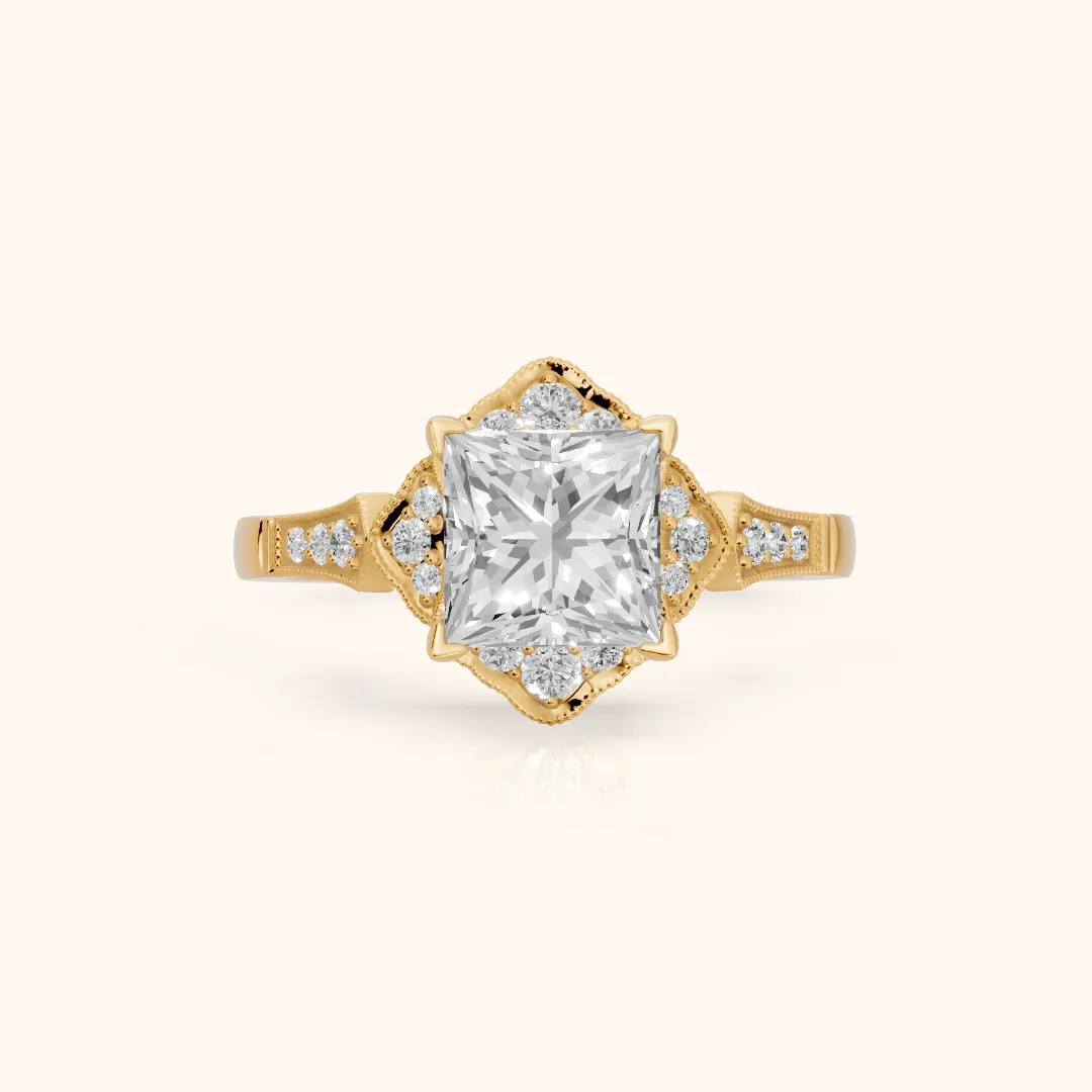 Esther Milgrain Halo Princess Diamond Engagement Ring in Yellow Gold — view 2