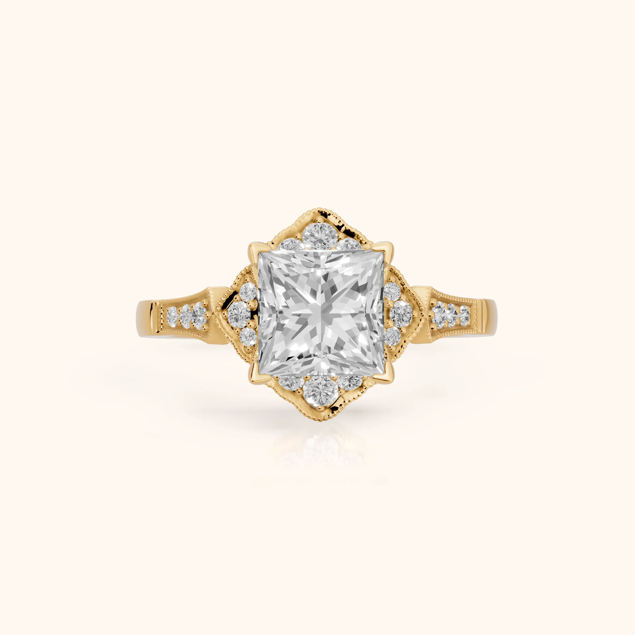 Esther Milgrain Halo Princess Diamond Engagement Ring in Yellow Gold — view 1