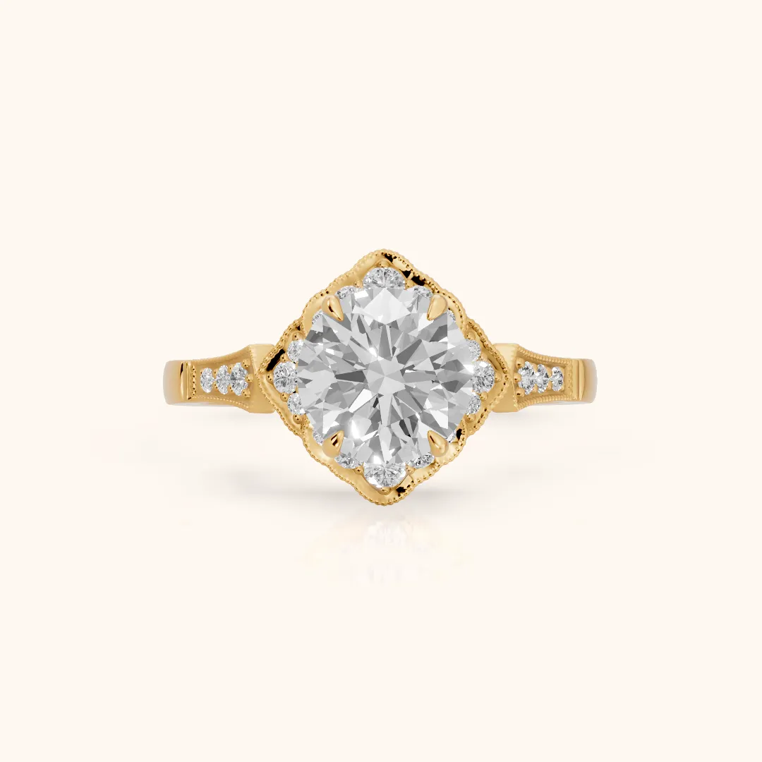 Esther Milgrain Halo Round Diamond Engagement Ring in Yellow Gold — view 2