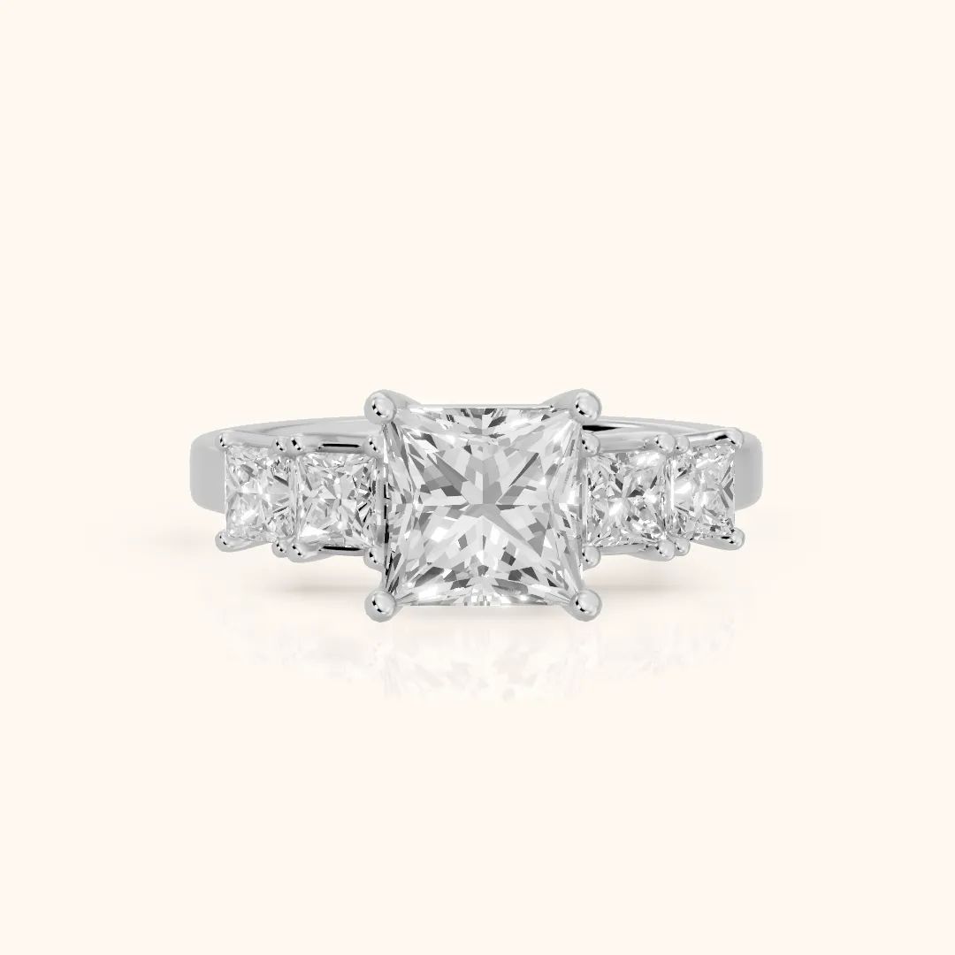 Greta Wide Band Five-Stone Princess Diamond Engagement Ring in White Gold — view 2