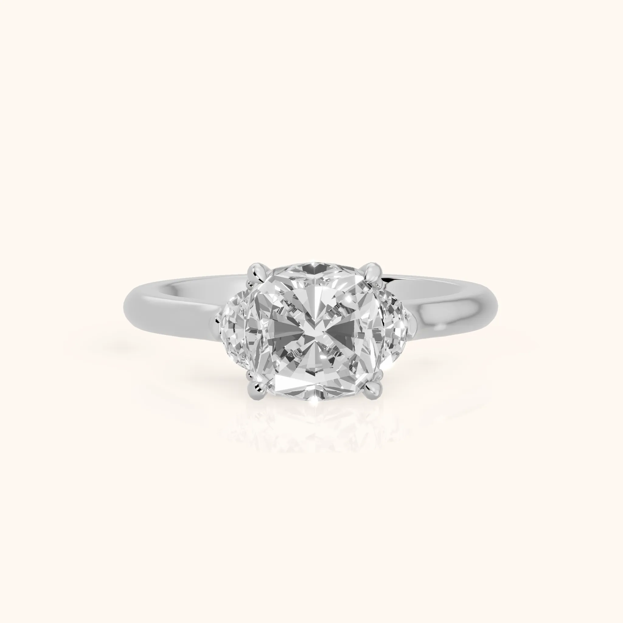 Hilary Half-Moon Three-Stone Cushion Diamond Engagement Ring in White Gold — view 1