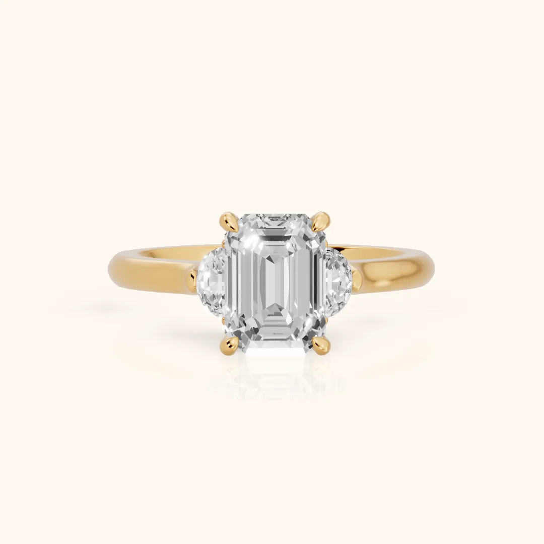 Hilary Half-Moon Three-Stone Emerald Diamond Engagement Ring in Yellow Gold — view 2
