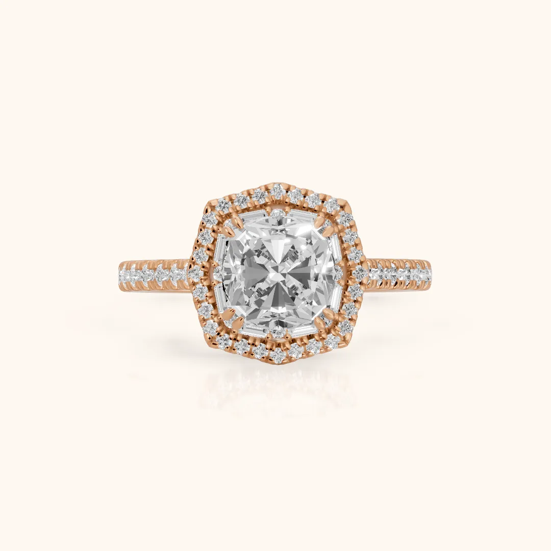Janelle Double Halo Pavé Cushion Diamond Engagement Ring in Rose Gold — view 2