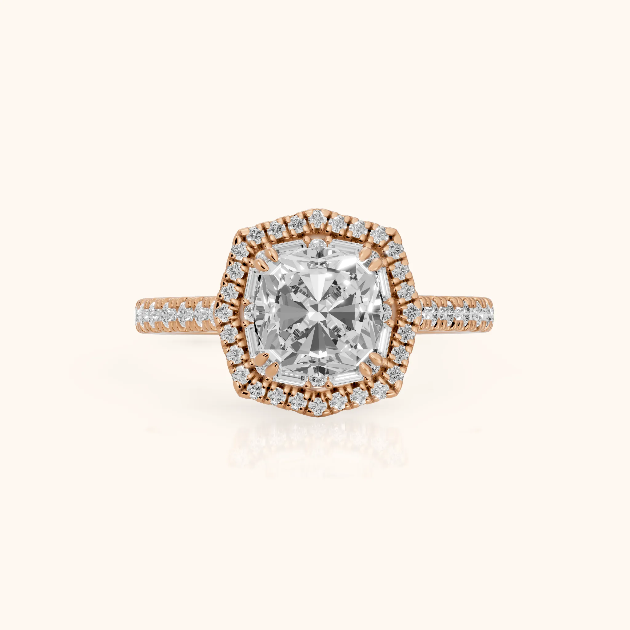 Janelle Double Halo Pavé Cushion Diamond Engagement Ring in Rose Gold — view 1