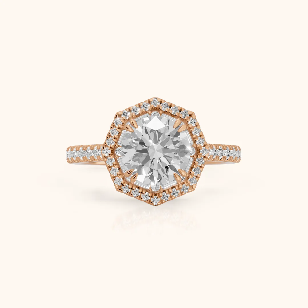 Janelle Double Halo Pavé Round Diamond Engagement Ring in Rose Gold — view 2
