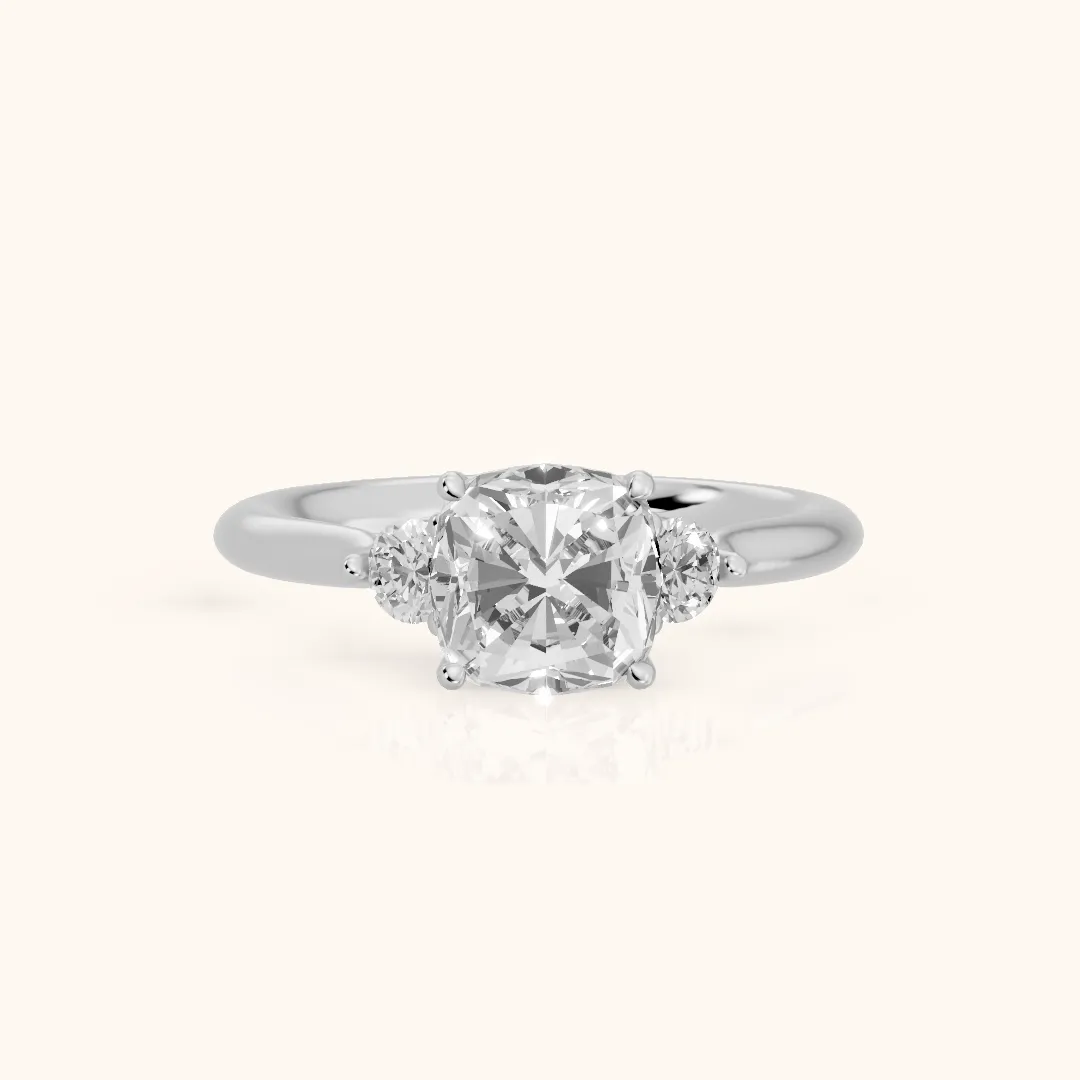 Teresa Three-Stone Cathedral Cushion Diamond Engagement Ring in Platinum — view 2