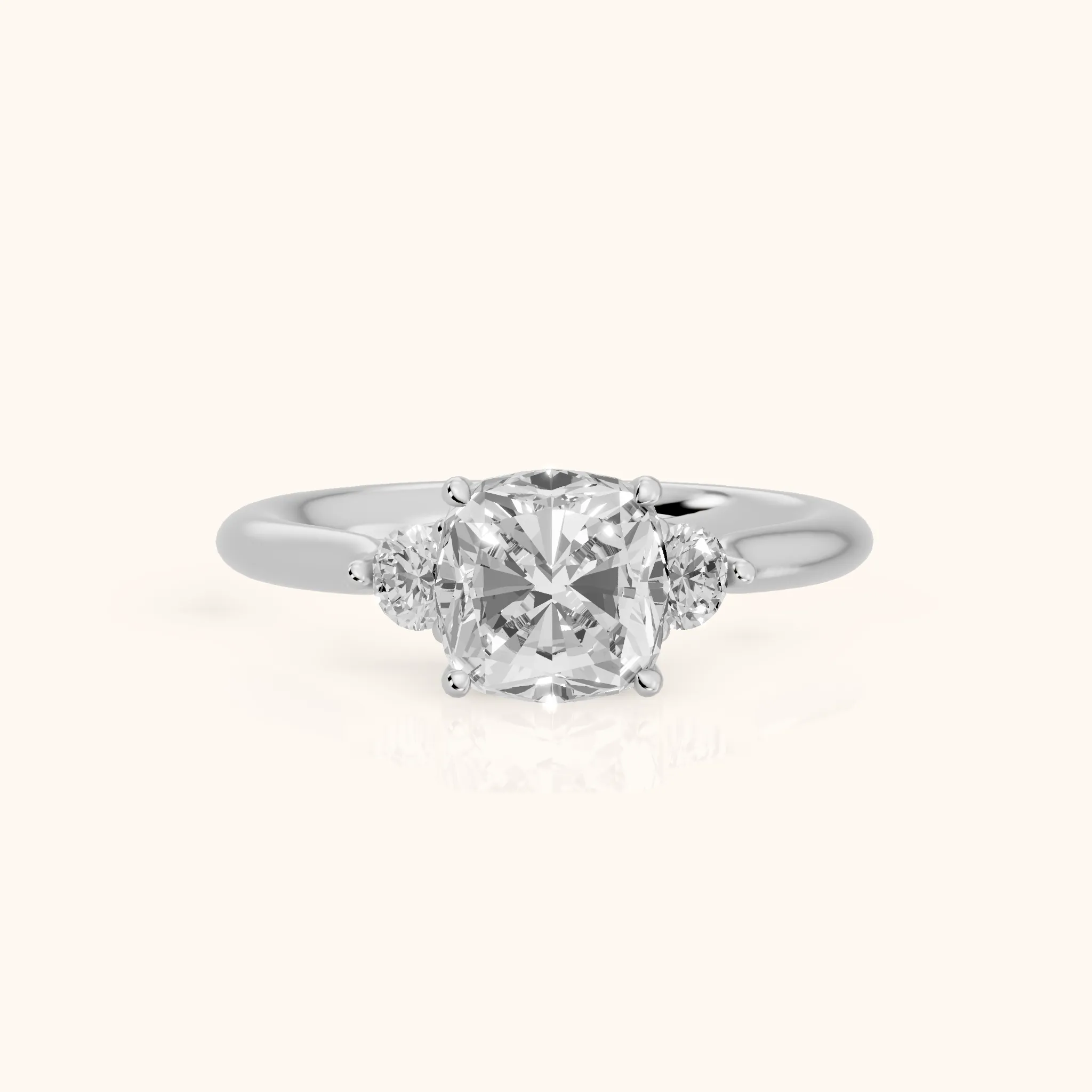 Teresa Three-Stone Cathedral Cushion Diamond Engagement Ring in Platinum — view 1