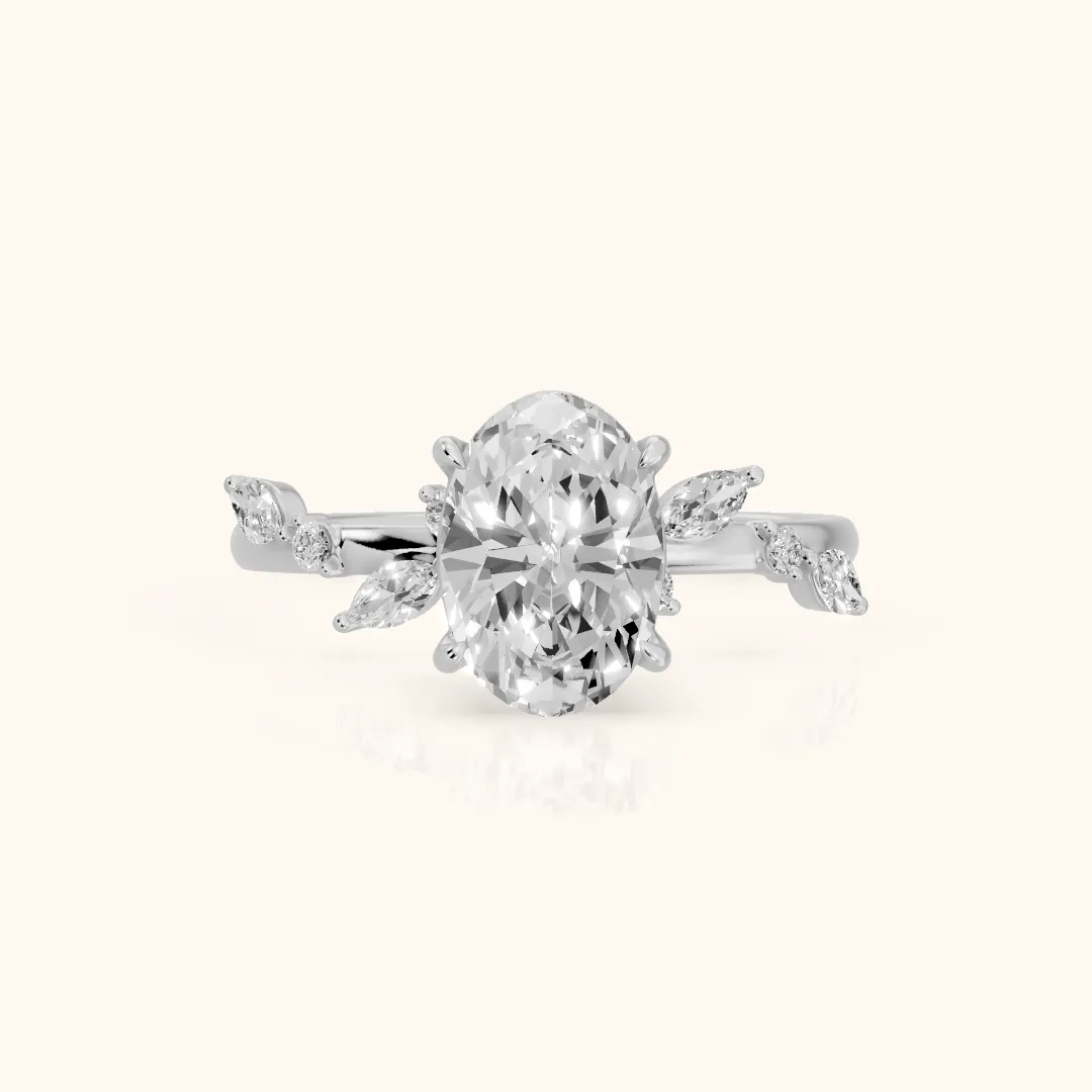 Vivian Leaf Oval Diamond Engagement Ring in Silver — view 2