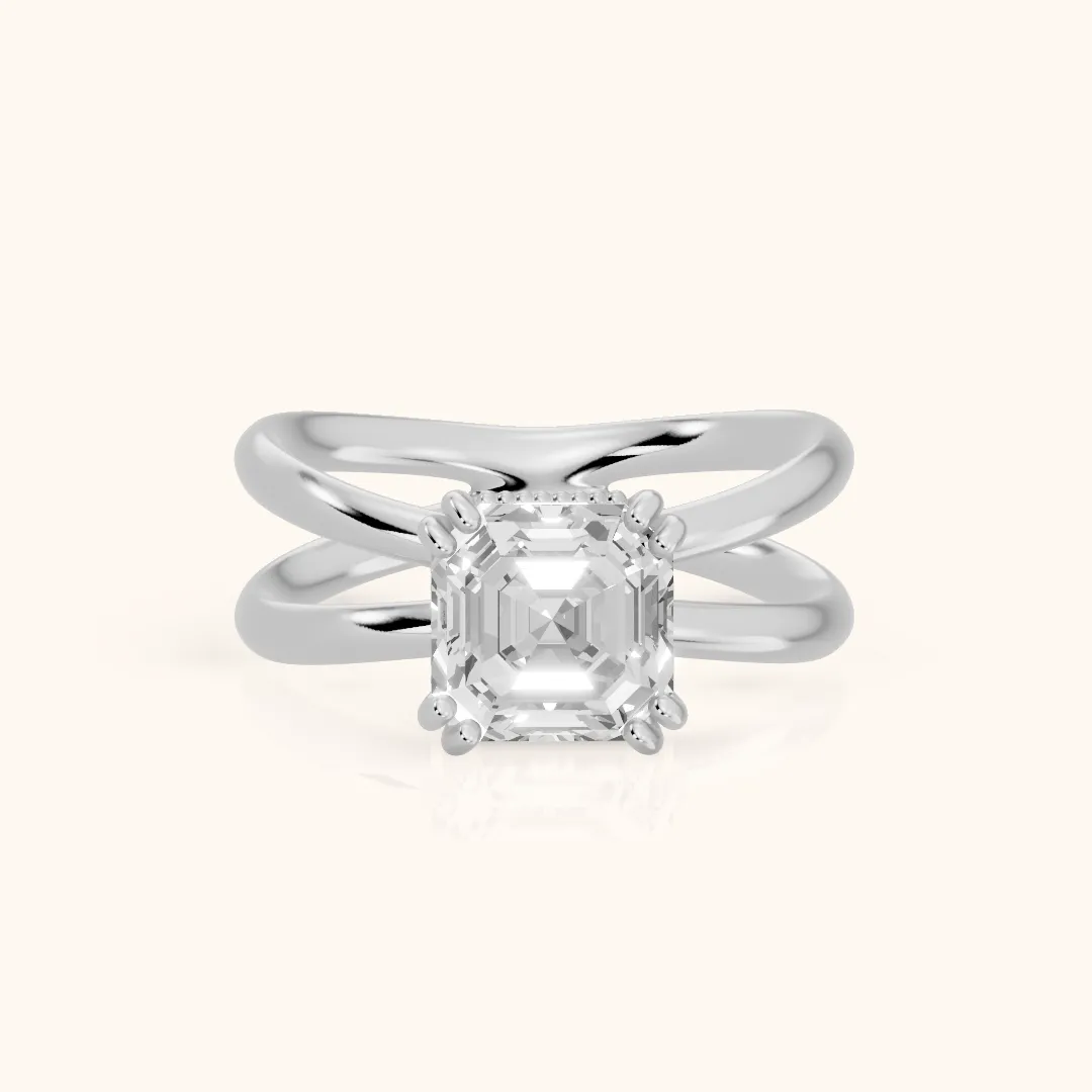Yvonne Crossover Solitaire Asscher Diamond Engagement Ring in White Gold — view 2