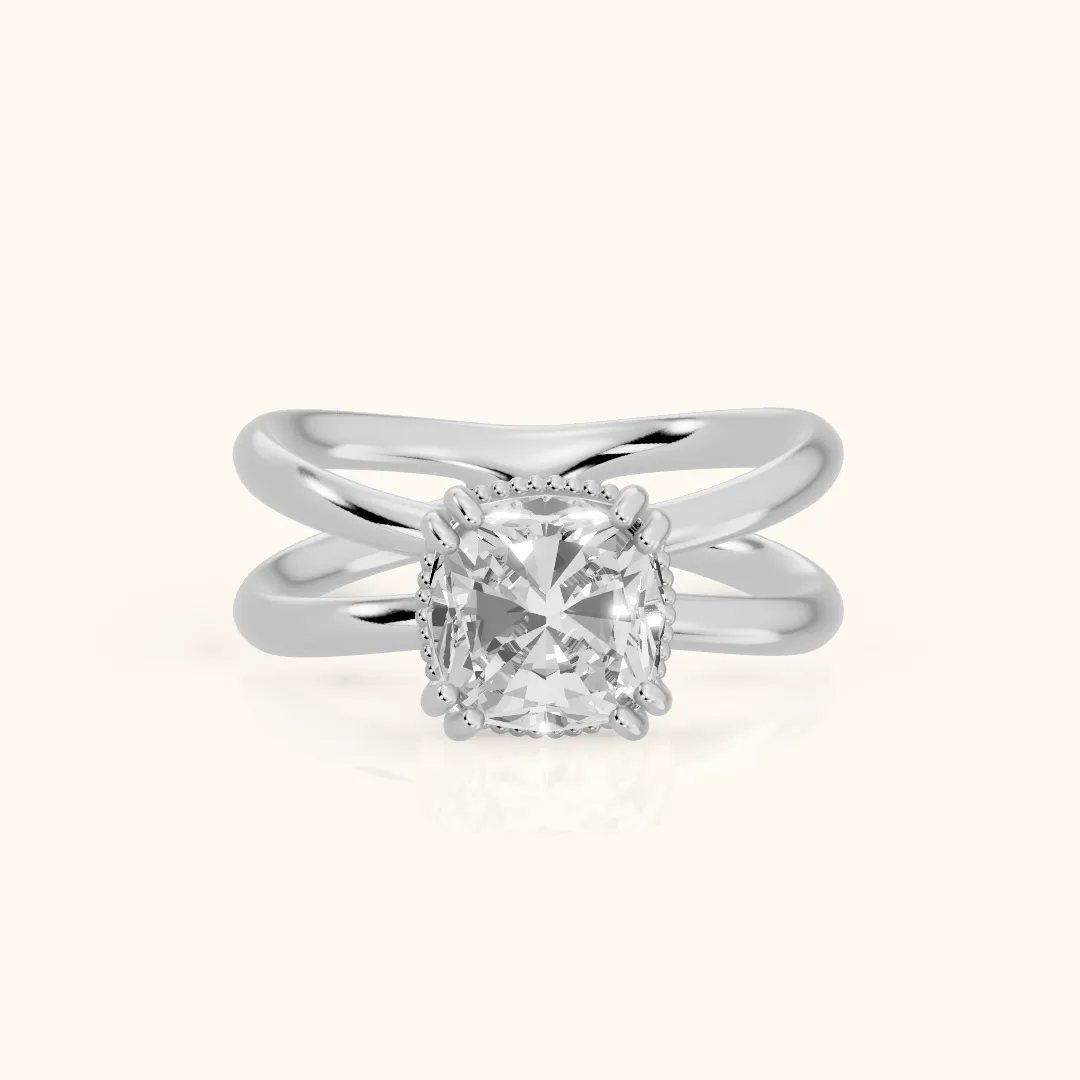 Yvonne Crossover Solitaire Cushion Diamond Engagement Ring in Platinum — view 2