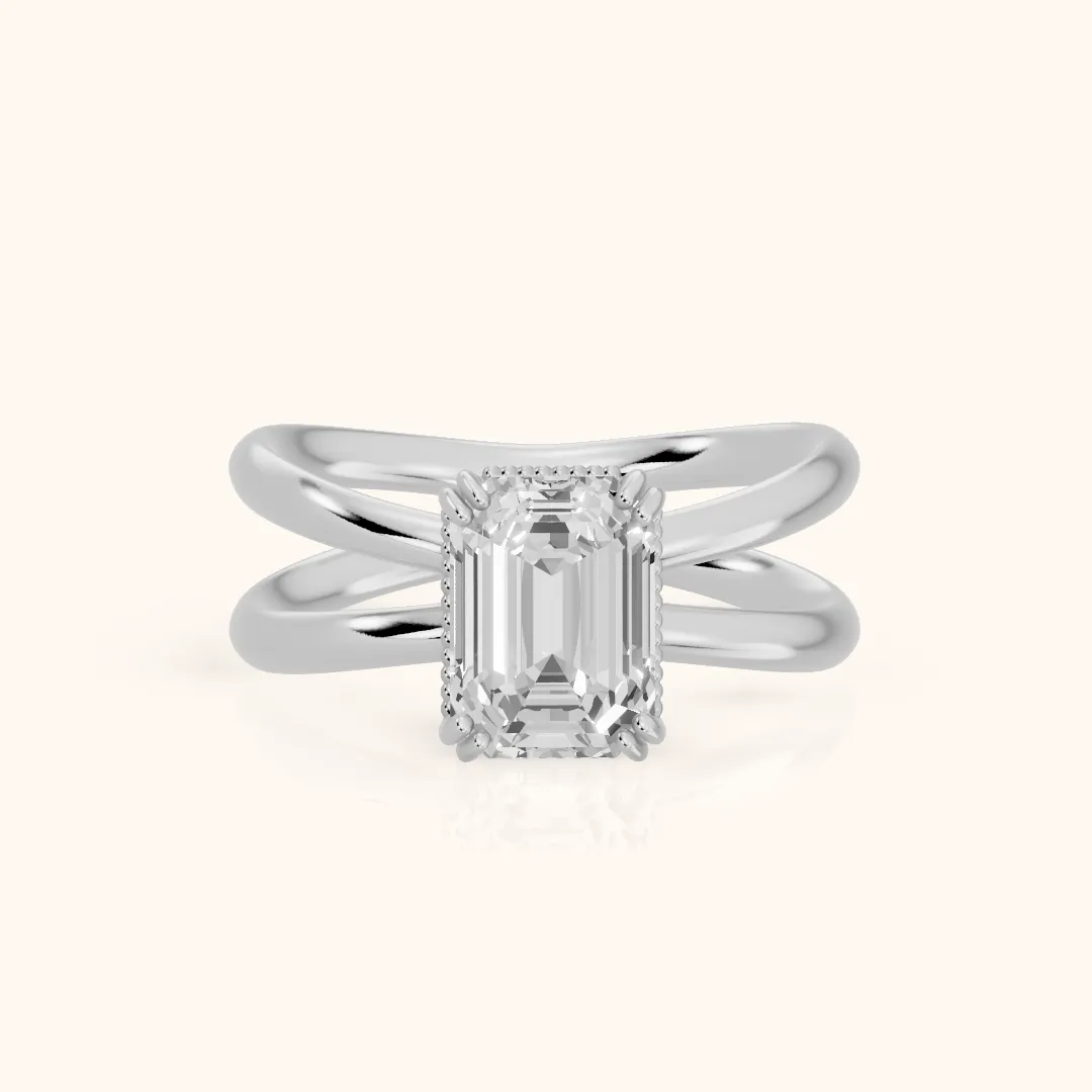 Yvonne Crossover Solitaire Emerald Diamond Engagement Ring in Platinum — view 2