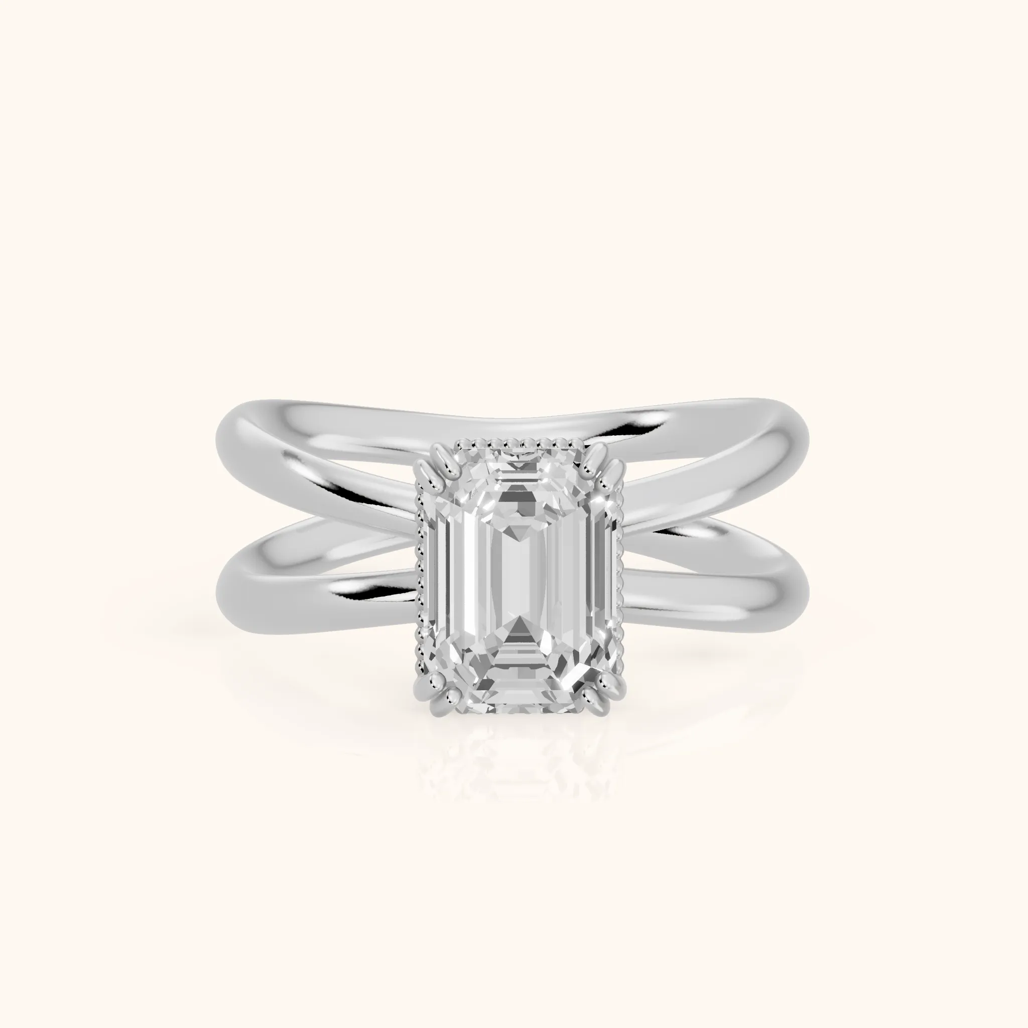 Yvonne Crossover Solitaire Emerald Diamond Engagement Ring in Platinum — view 1