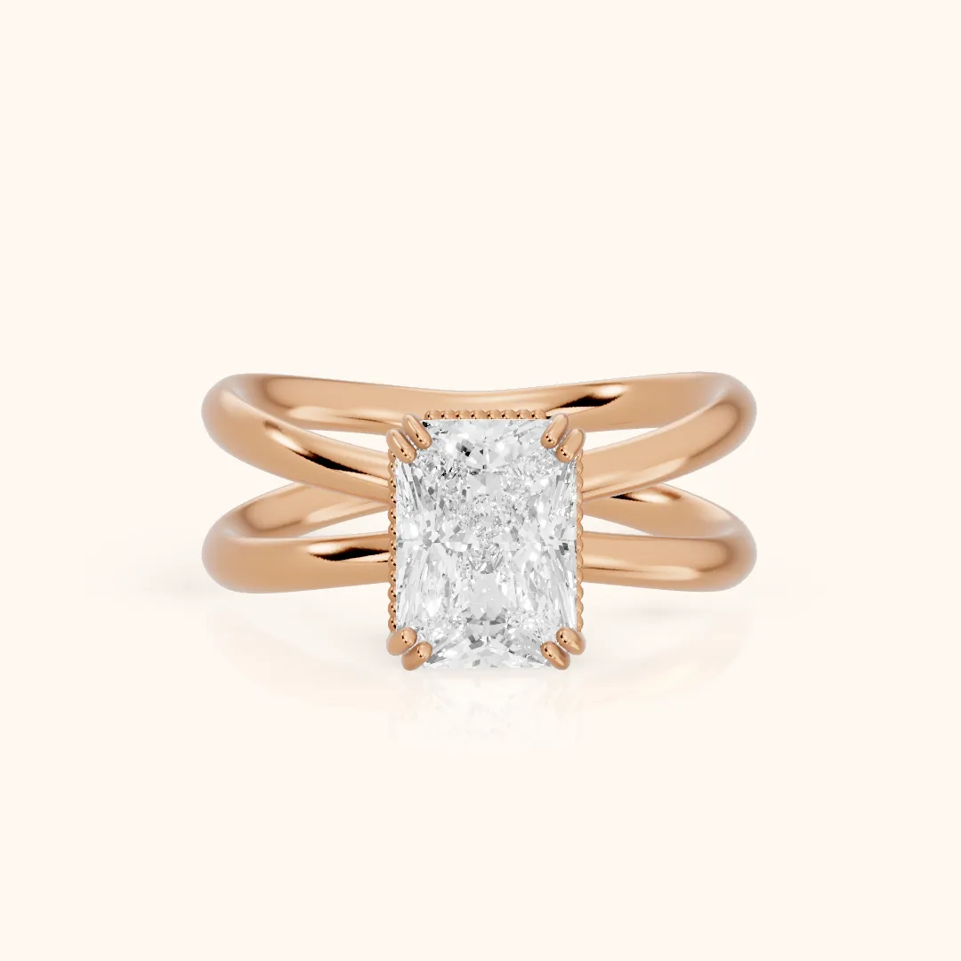 Yvonne Crossover Solitaire Radiant Diamond Engagement Ring in Rose Gold — view 2