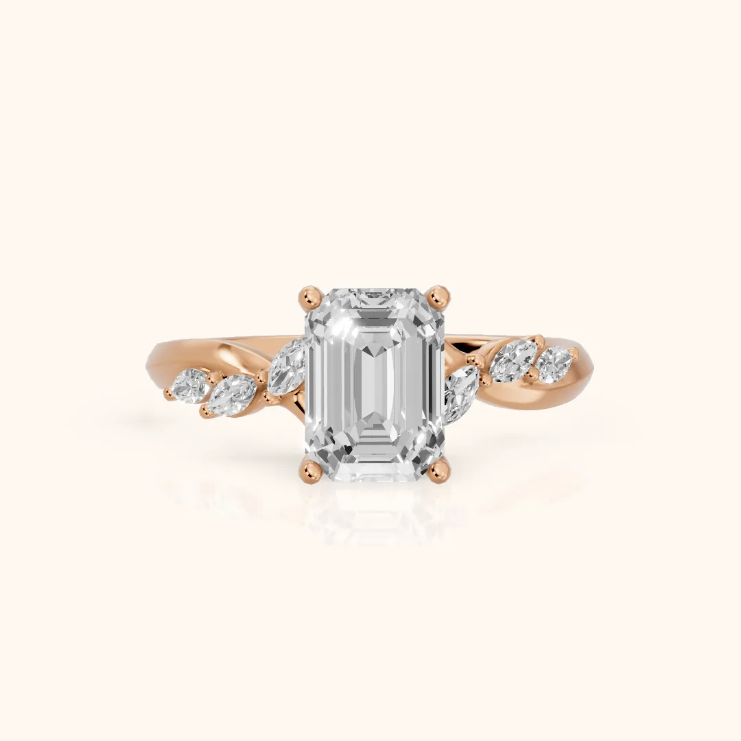 Cathy Leaf Twist Emerald Diamond Engagement Ring in Rose Gold — view 2