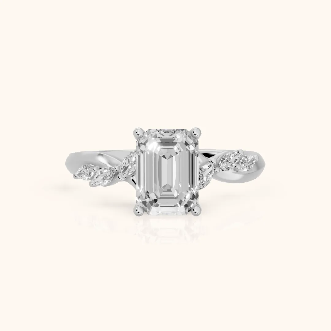 Cathy Leaf Twist Emerald Diamond Engagement Ring in Silver — view 2