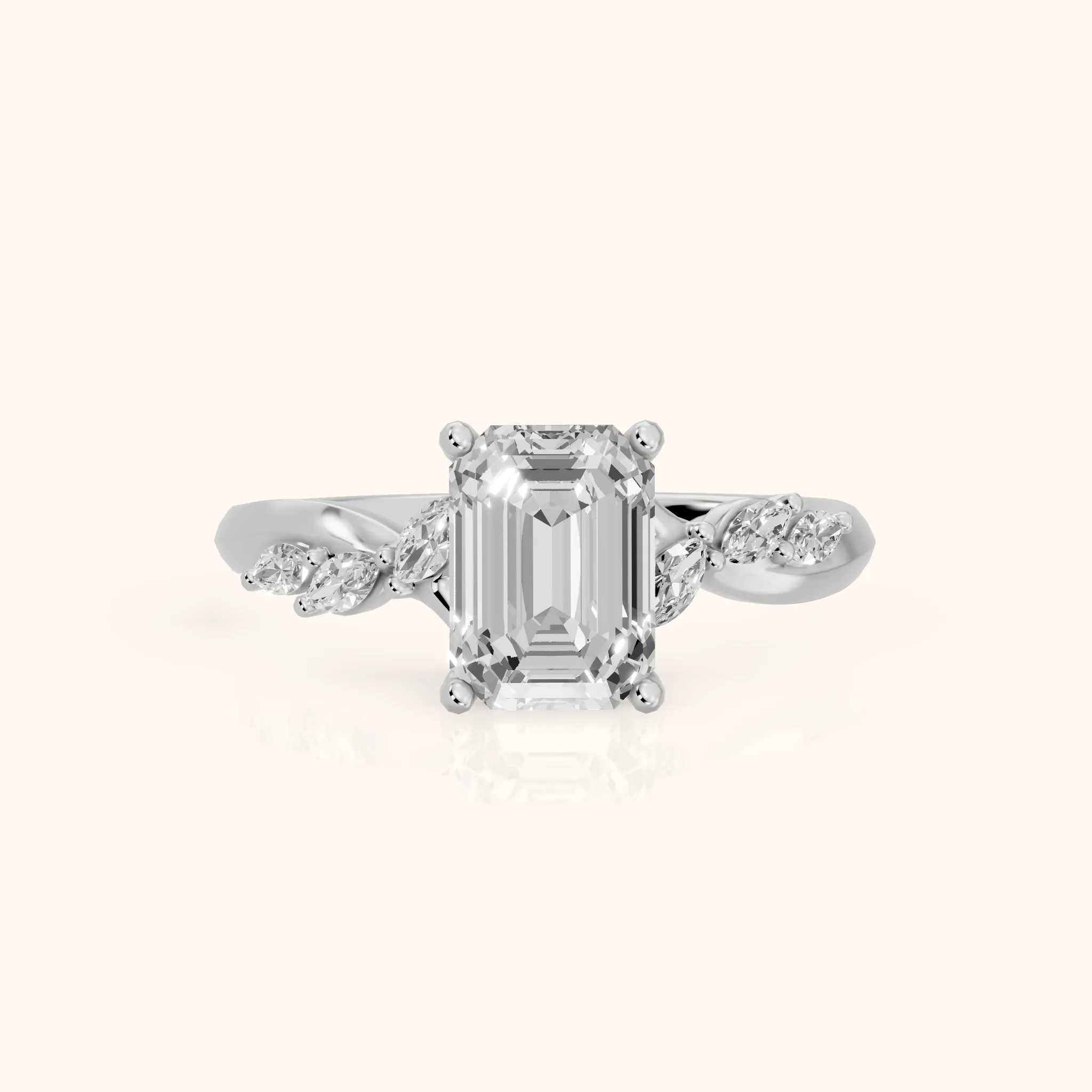 Cathy Leaf Twist Emerald Diamond Engagement Ring in Silver — view 1