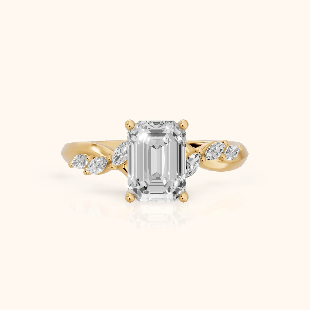 Cathy Leaf Twist Emerald Diamond Engagement Ring in Yellow Gold — view 2