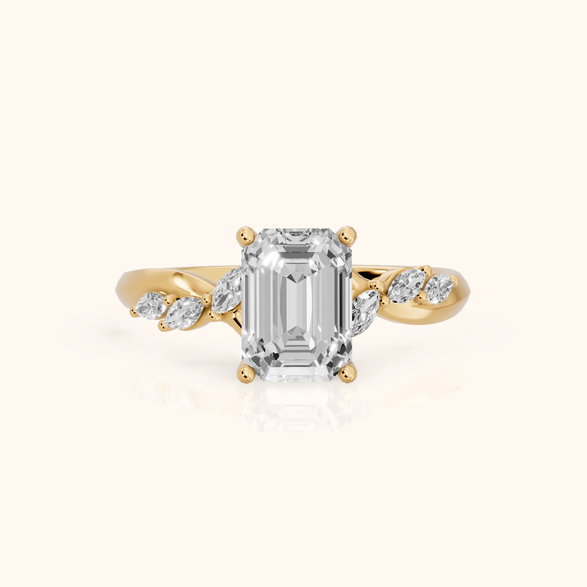 Cathy Leaf Twist Emerald Diamond Engagement Ring in Yellow Gold — view 1