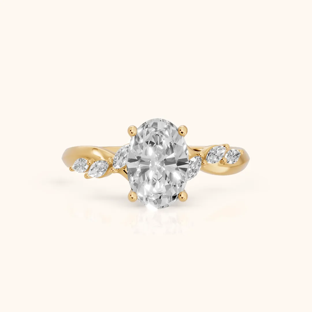 Cathy Leaf Twist Oval Diamond Engagement Ring in Yellow Gold — view 2