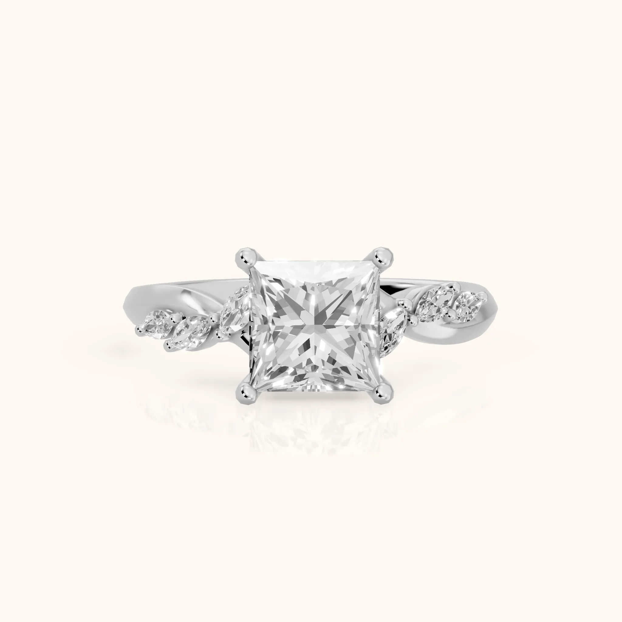 Cathy Leaf Twist Princess Diamond Engagement Ring in Silver — view 1