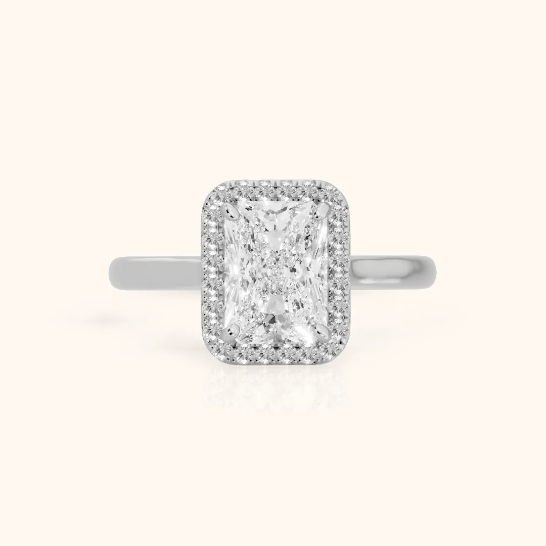 Clover Halo Cathedral Radiant Diamond Engagement Ring in White Gold — view 2