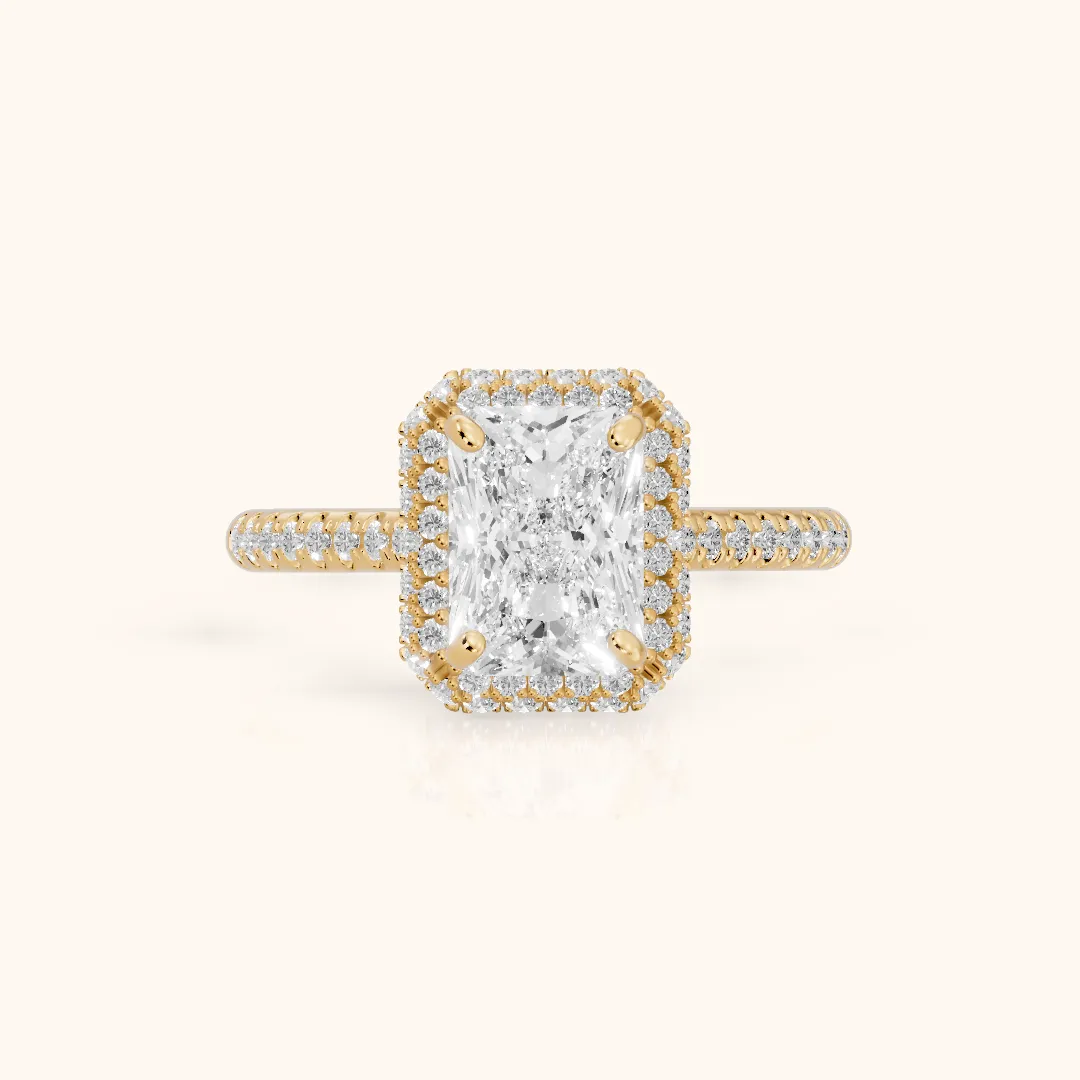 Connie Double Halo Pavé Radiant Diamond Engagement Ring in Yellow Gold — view 2