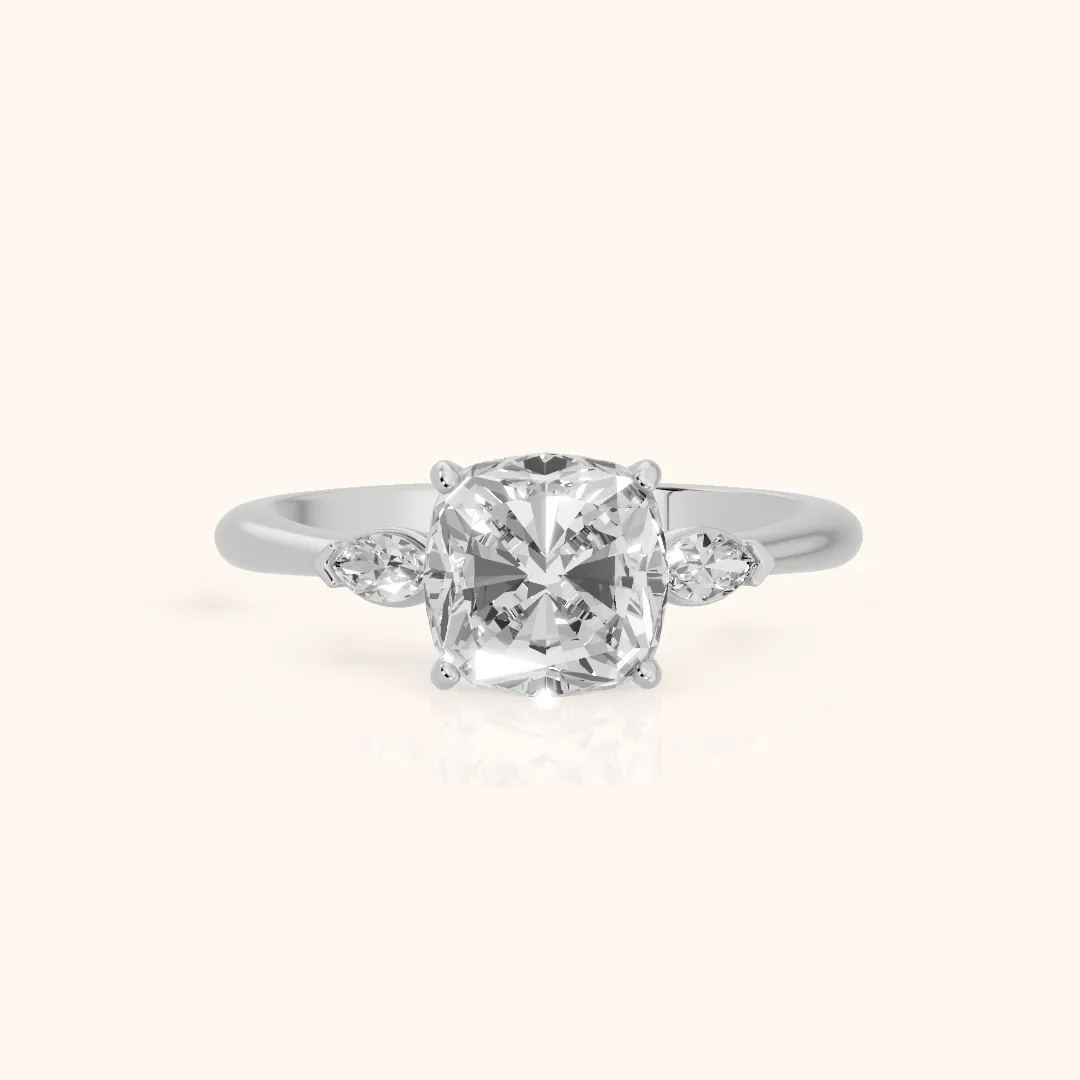 Lissa Marquise-Side Three-Stone Cushion Diamond Engagement Ring in Platinum — view 2