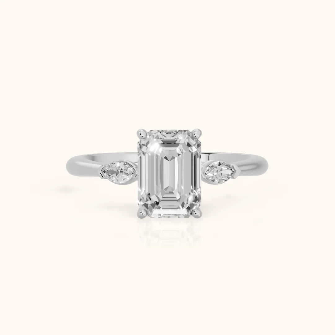 Lissa Marquise-Side Three-Stone Emerald Diamond Engagement Ring in Silver — view 2
