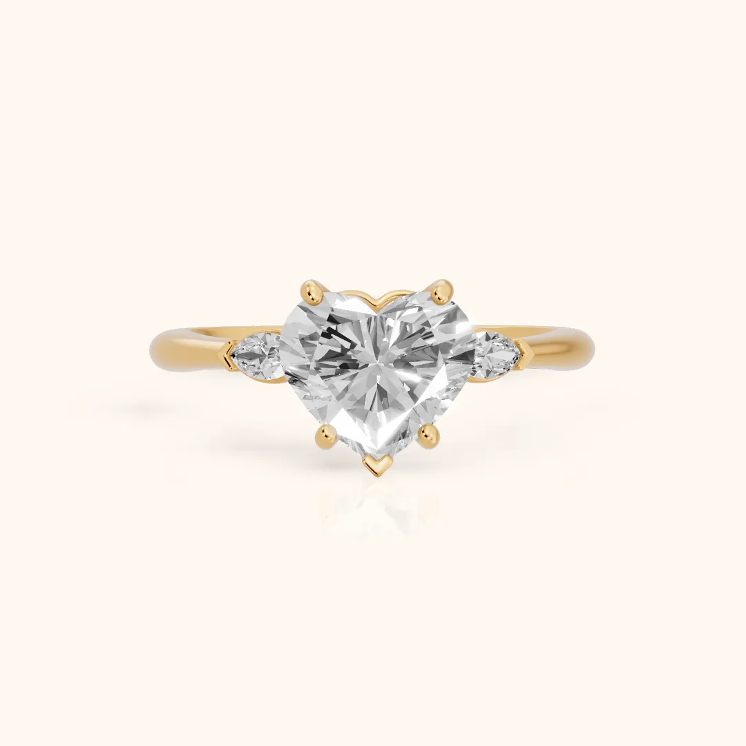 Lissa Marquise-Side Three-Stone Heart Diamond Engagement Ring in Yellow Gold — view 2