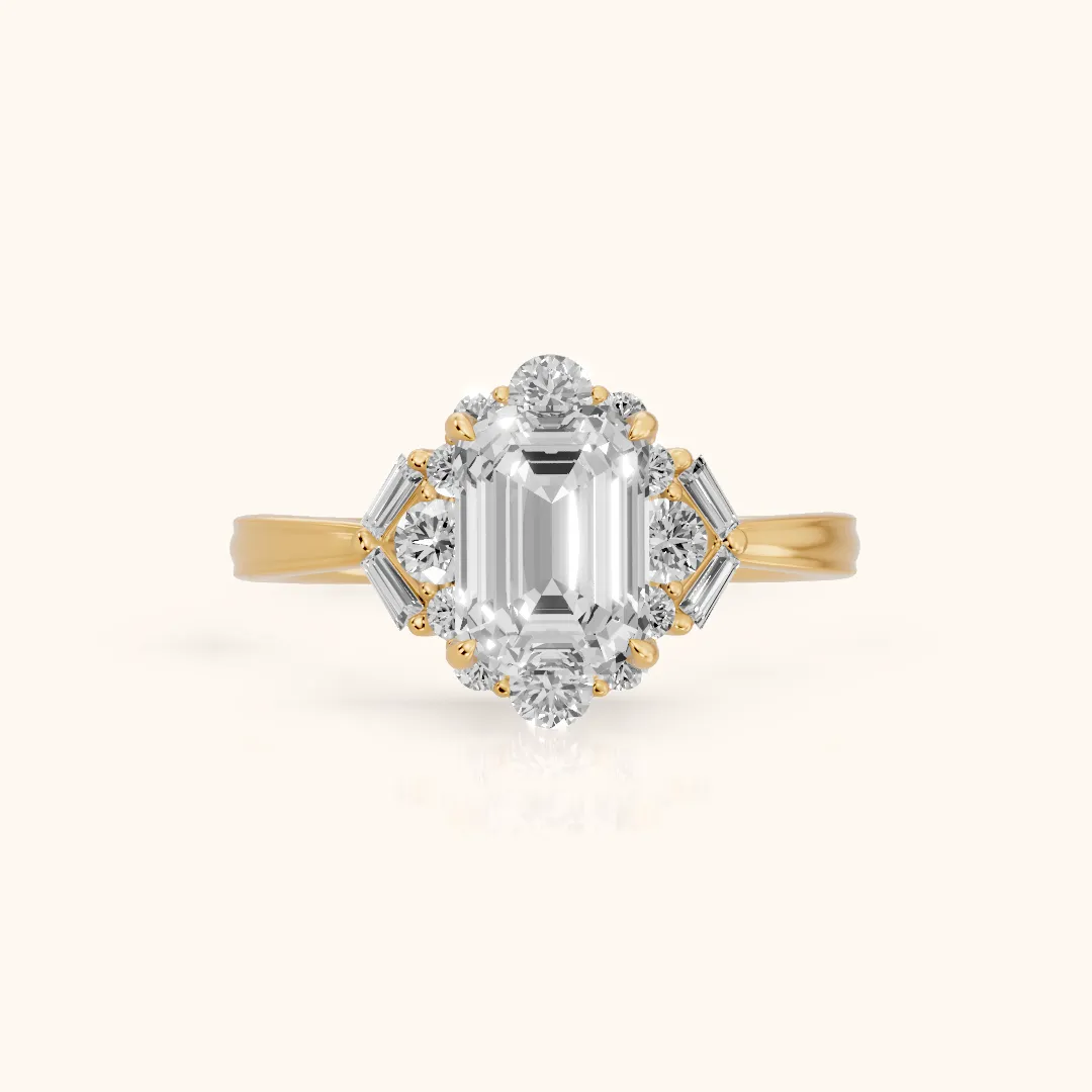 Lyla Deco Halo Emerald Diamond Engagement Ring in Yellow Gold — view 2