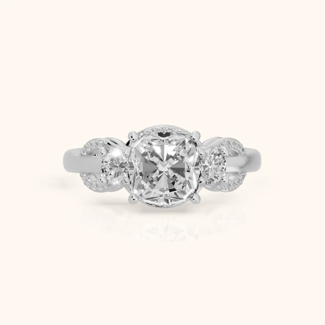 Briar Vine Three-Stone Cushion Diamond Engagement Ring in Silver — view 2