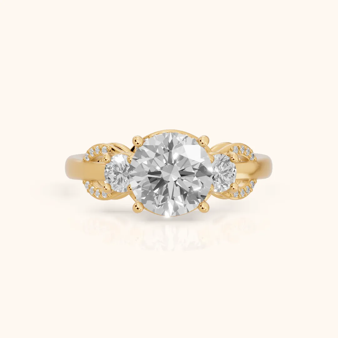 Briar Vine Three-Stone Round Diamond Engagement Ring in Yellow Gold — view 2