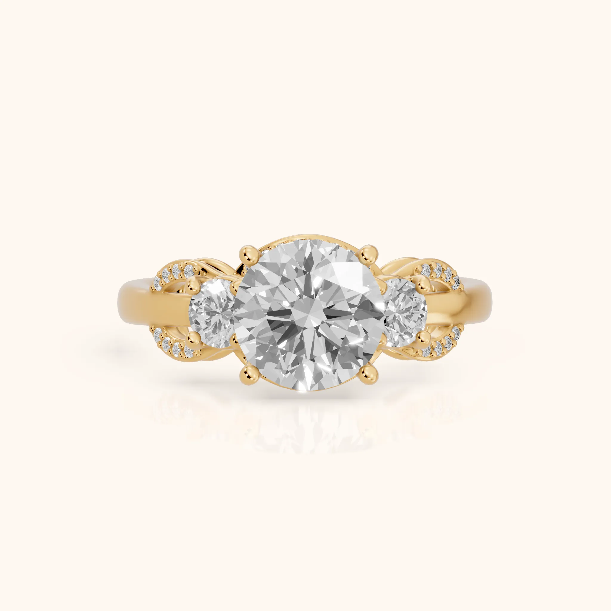 Briar Vine Three-Stone Round Diamond Engagement Ring in Yellow Gold — view 1