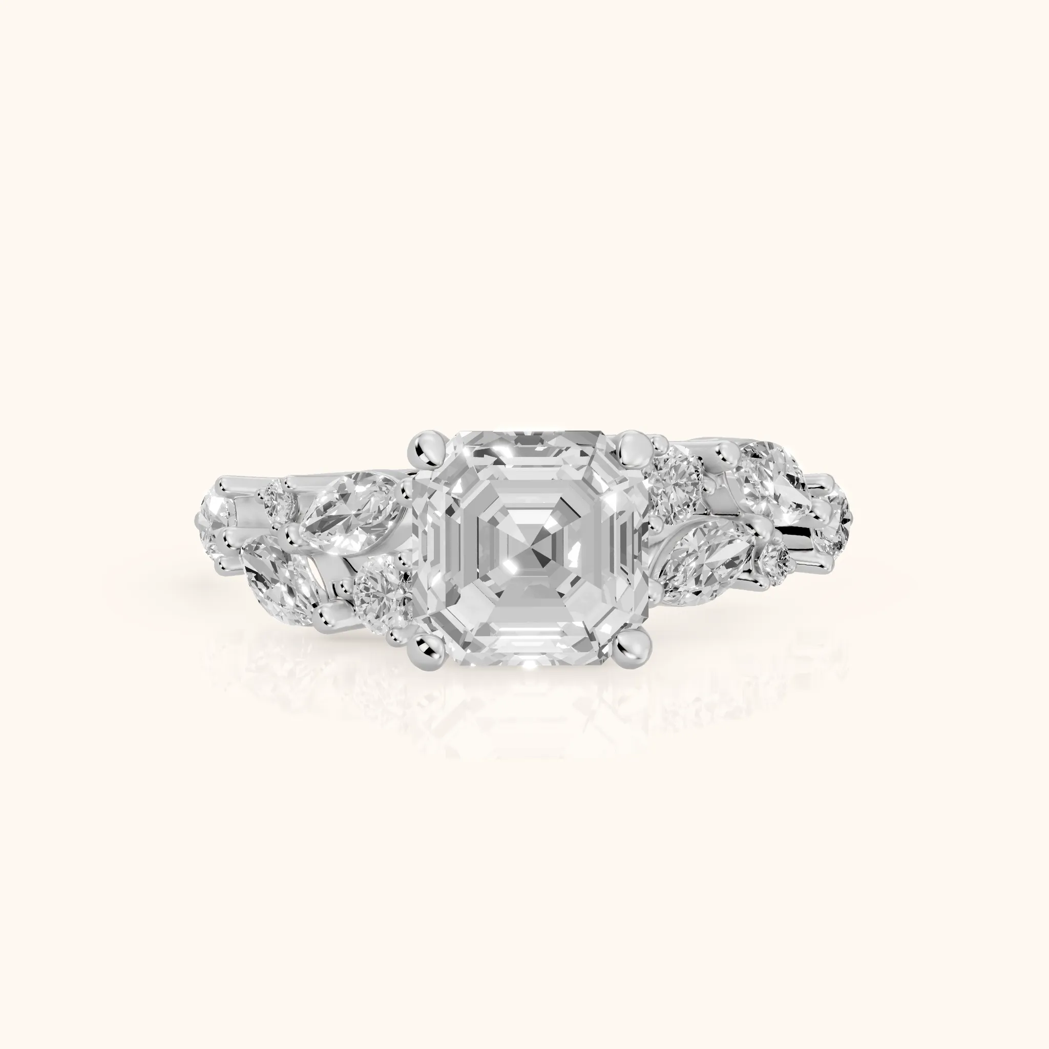Kelsey Leaf Cluster Asscher Diamond Engagement Ring in White Gold — view 1