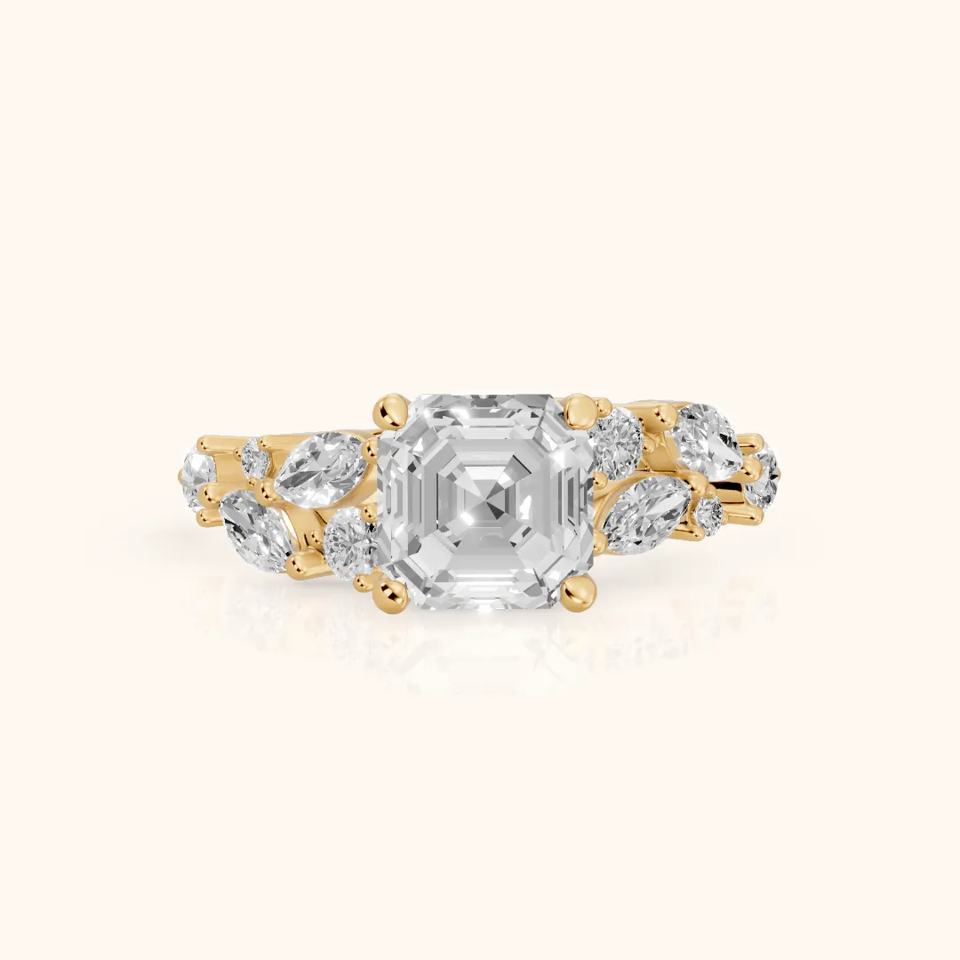 Kelsey Leaf Cluster Asscher Diamond Engagement Ring in Yellow Gold — view 2