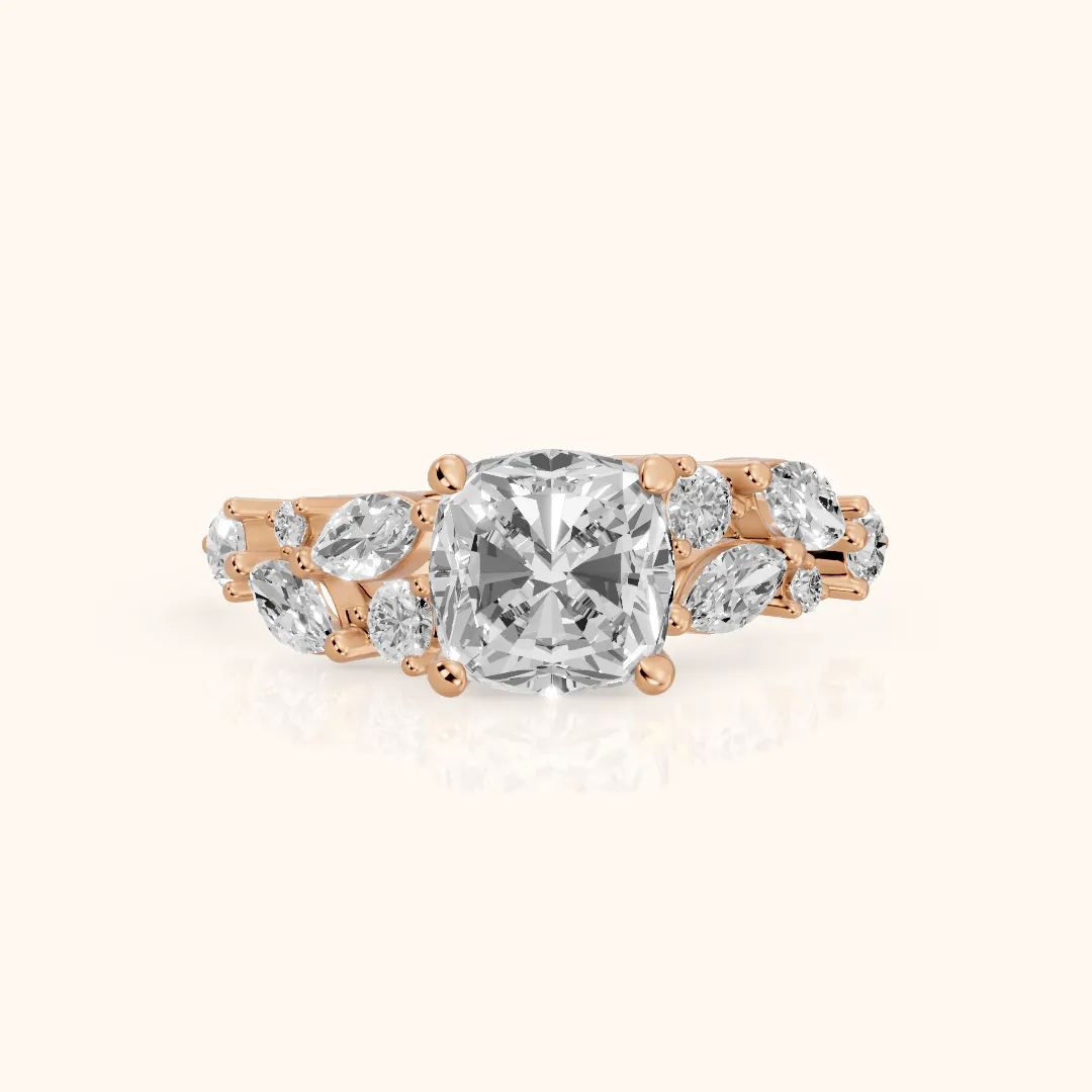 Kelsey Leaf Cluster Cushion Diamond Engagement Ring in Rose Gold — view 2