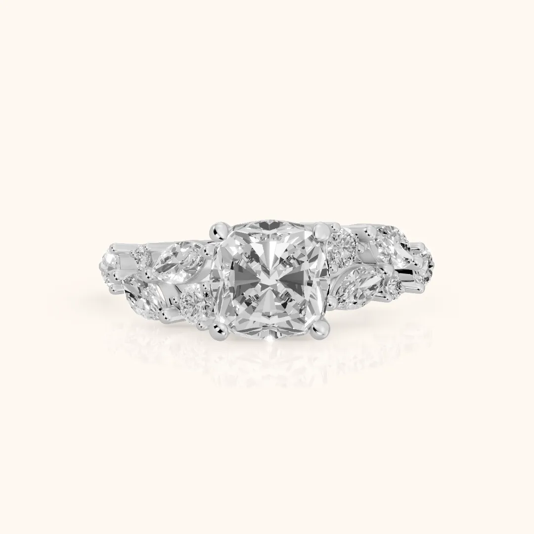 Kelsey Leaf Cluster Cushion Diamond Engagement Ring in White Gold — view 2