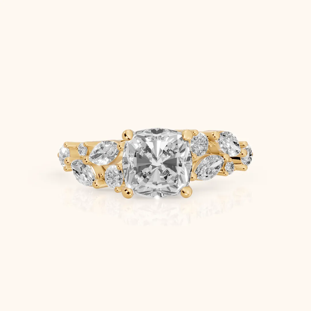 Kelsey Leaf Cluster Cushion Diamond Engagement Ring in Yellow Gold — view 2