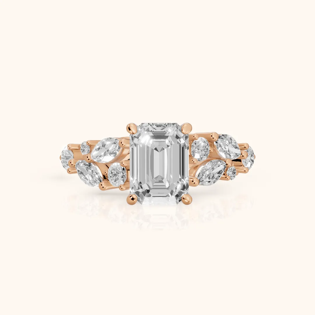 Kelsey Leaf Cluster Emerald Diamond Engagement Ring in Rose Gold — view 2