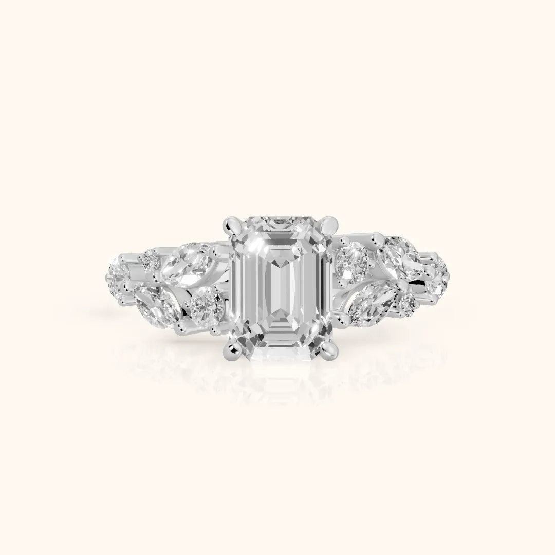 Kelsey Leaf Cluster Emerald Diamond Engagement Ring in Silver — view 2