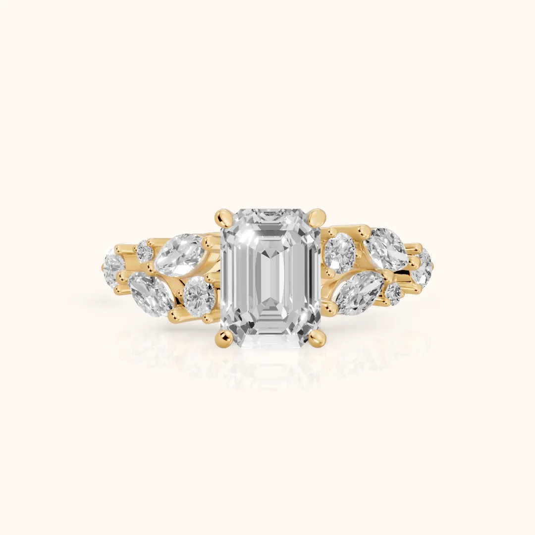 Kelsey Leaf Cluster Emerald Diamond Engagement Ring in Yellow Gold — view 2