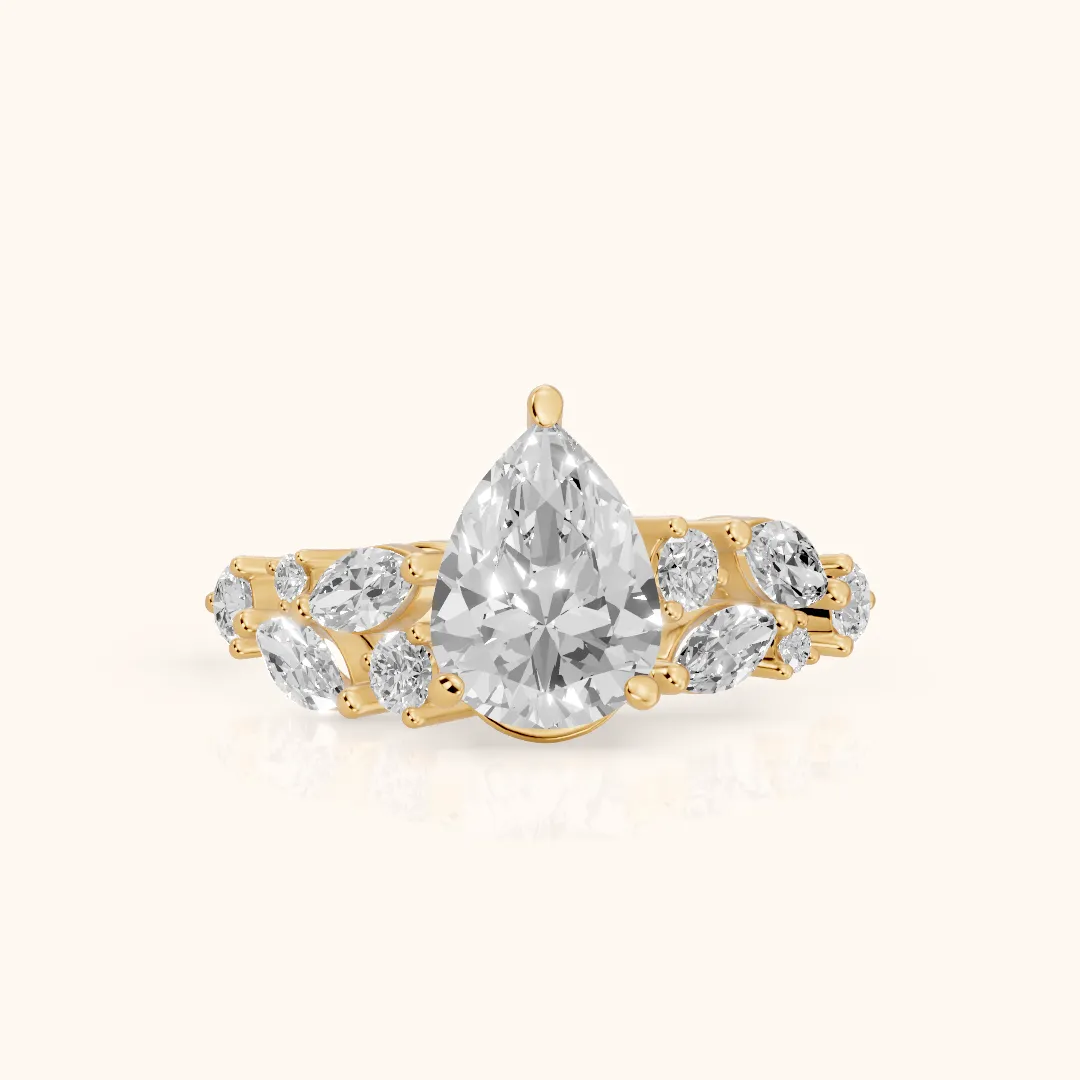 Kelsey Leaf Cluster Pear Diamond Engagement Ring in Yellow Gold — view 2