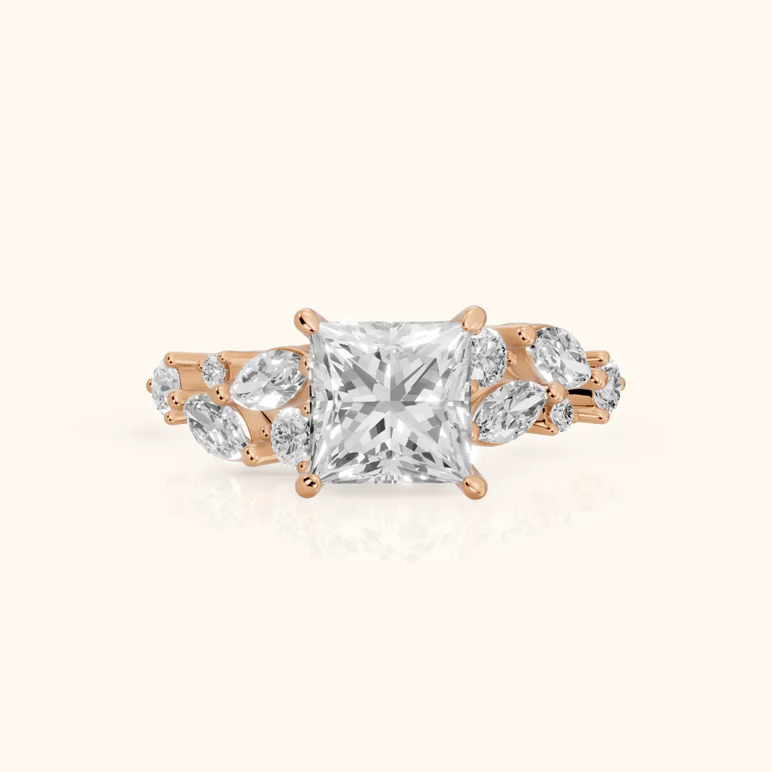 Kelsey Leaf Cluster Princess Diamond Engagement Ring in Rose Gold — view 2