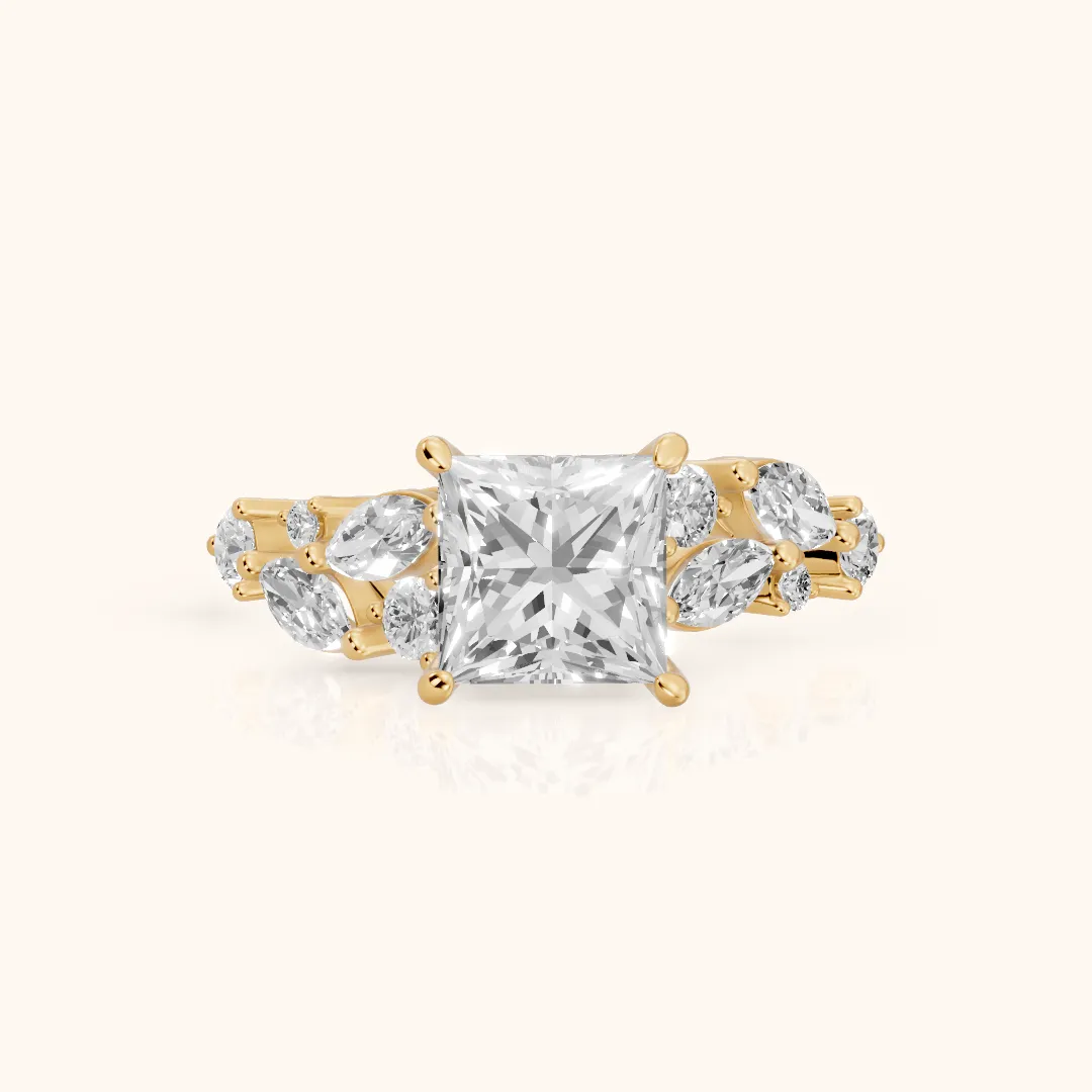 Kelsey Leaf Cluster Princess Diamond Engagement Ring in Yellow Gold — view 2